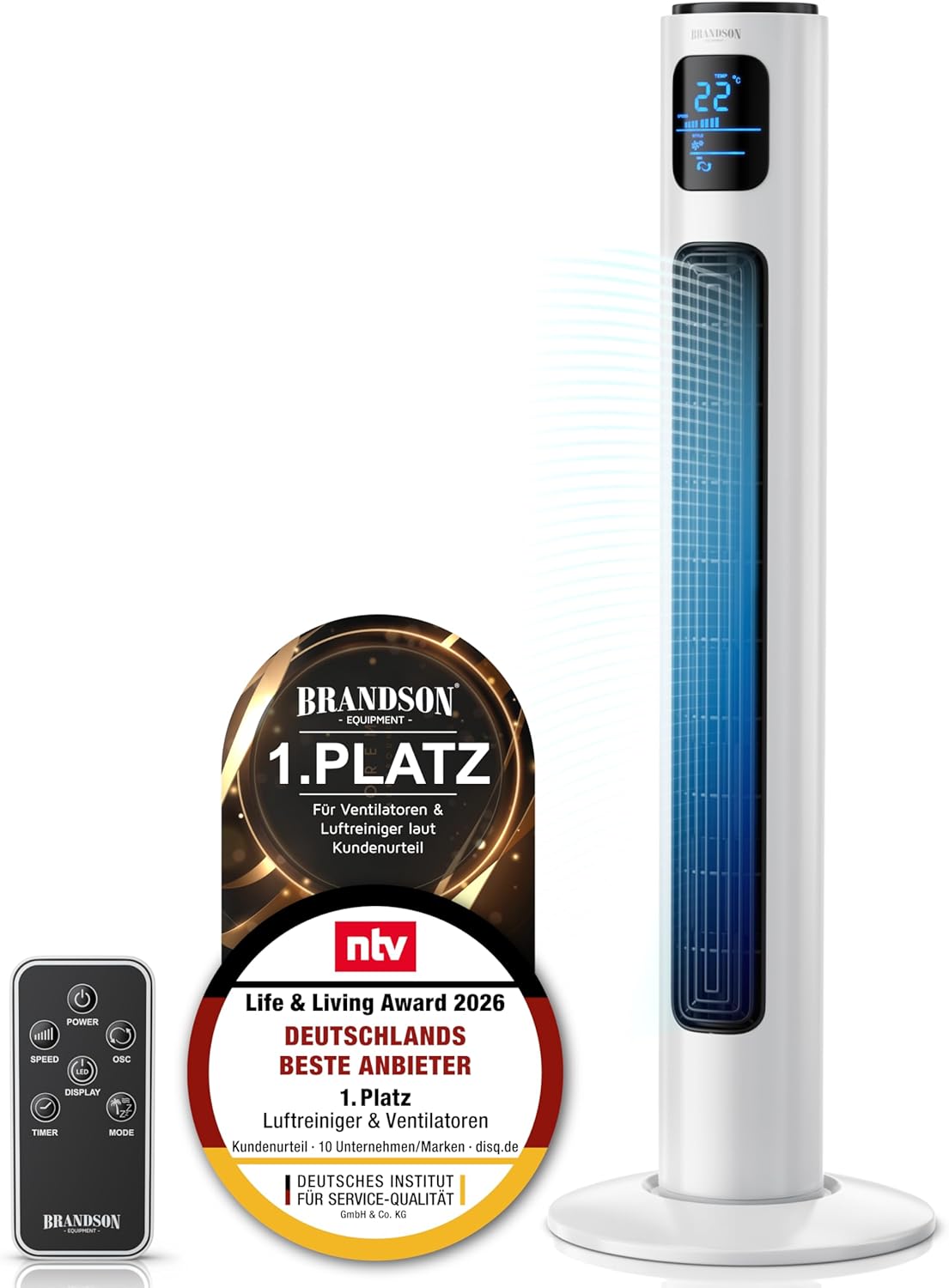 Detalle de Brandson Turmventilator mit Fernbedienung (96 cm) – 45-W-Motor, Oszillation & Timer