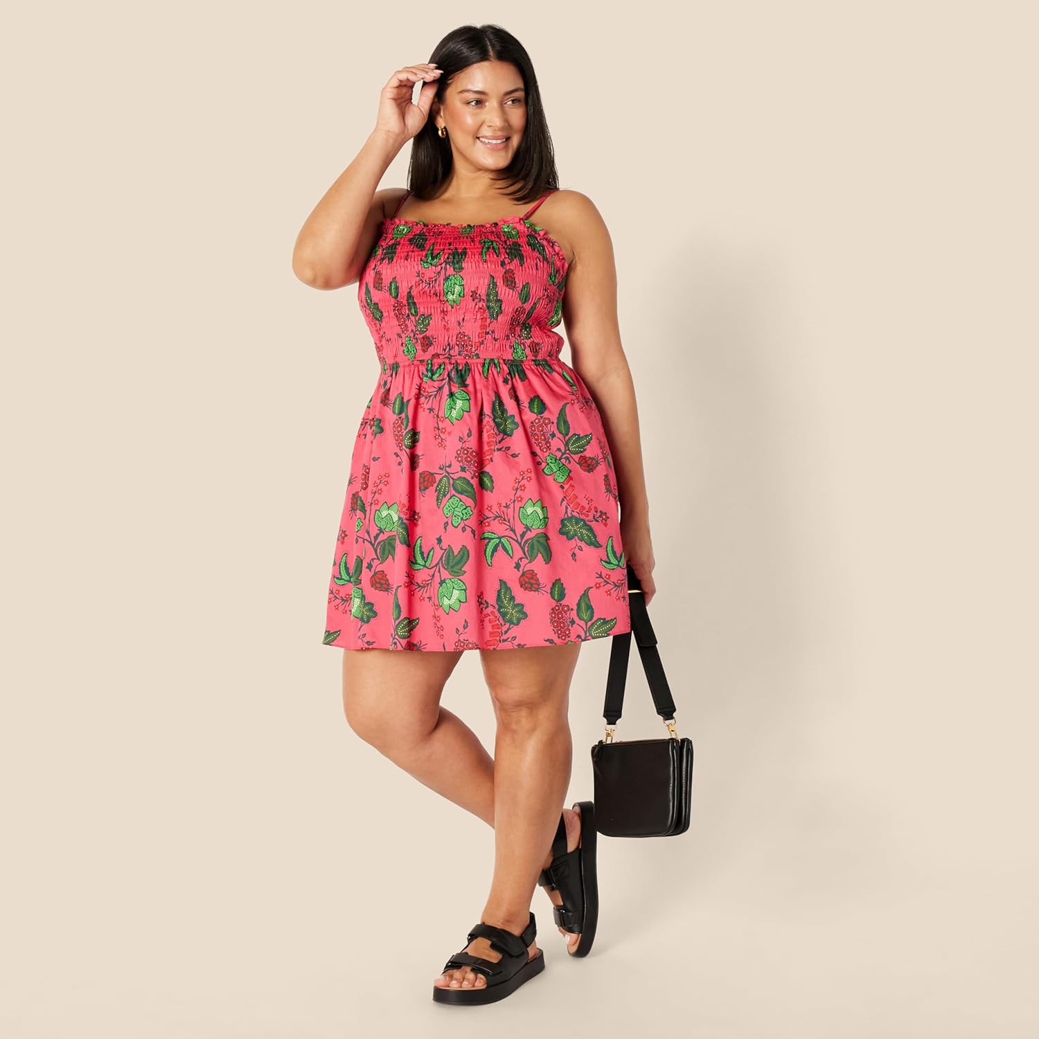 Thumbnail 6 de Damen Regular-Fit-Kurzkleid aus Baumwollsatin mit gesmoktem Mieder