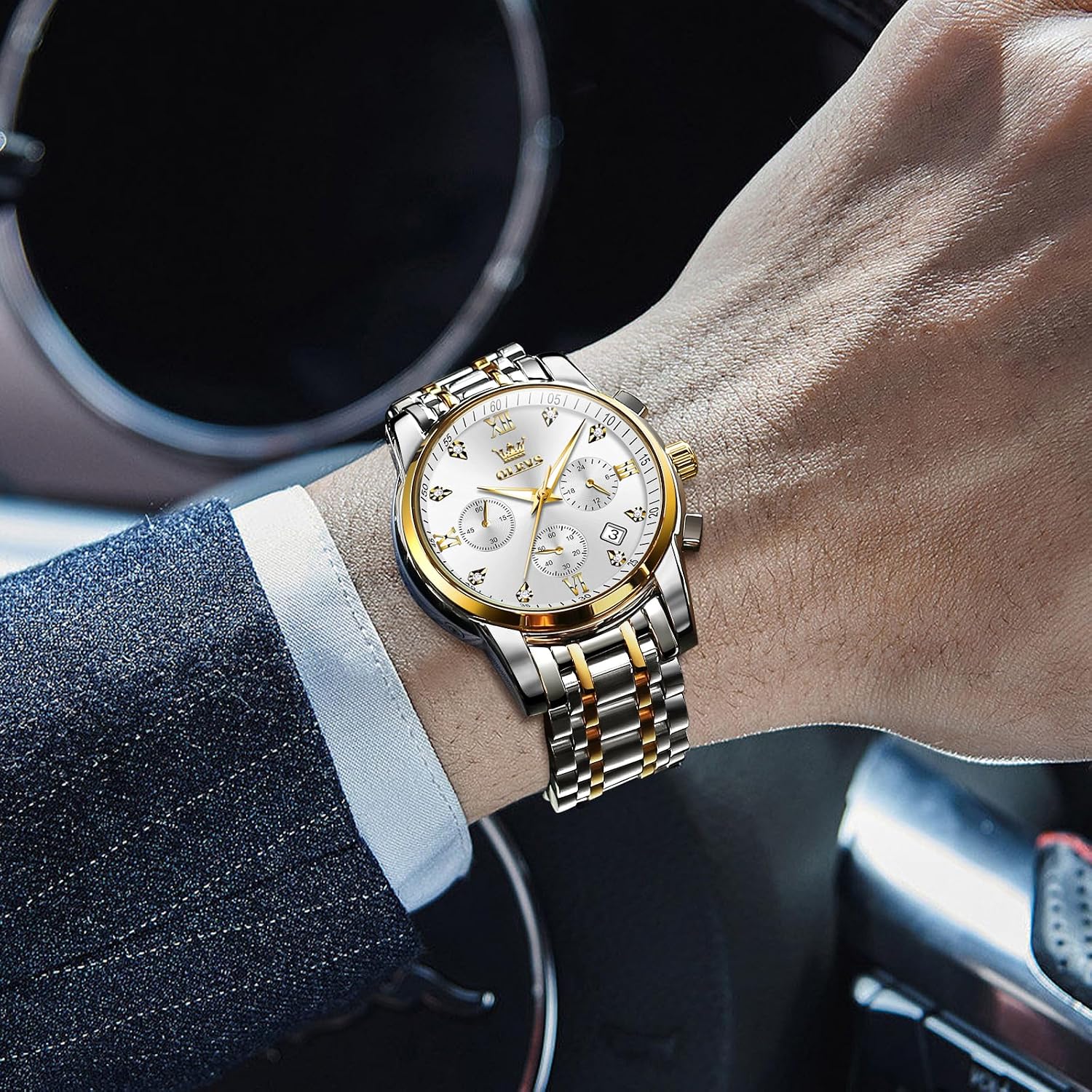 Detalle de OLEVS Men's Chronograph Watch: Gold & Silver Stainless Steel with Diamond Accents