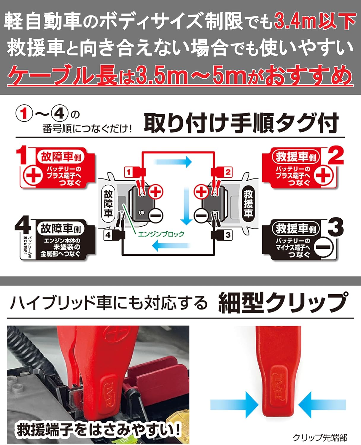 Detalle 2 de BAL(大橋産業)No.1681 ブースターケーブル 12V・80A・3.5m、細型絶縁クリップ・手順タグ付き