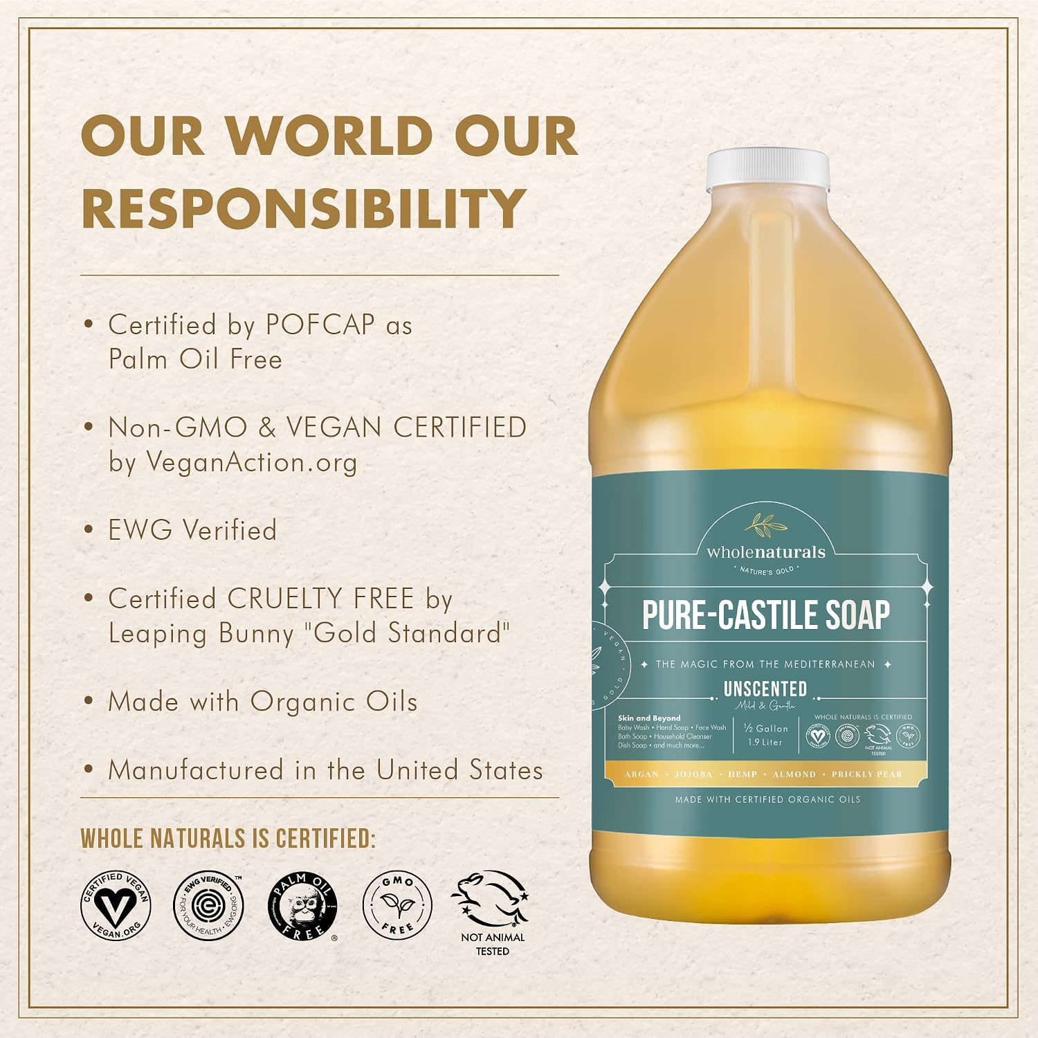 Thumbnail 6 de WHOLENATURALS Pure Castile Soap, Unscented, 64 fl oz, Organic Plant Oils