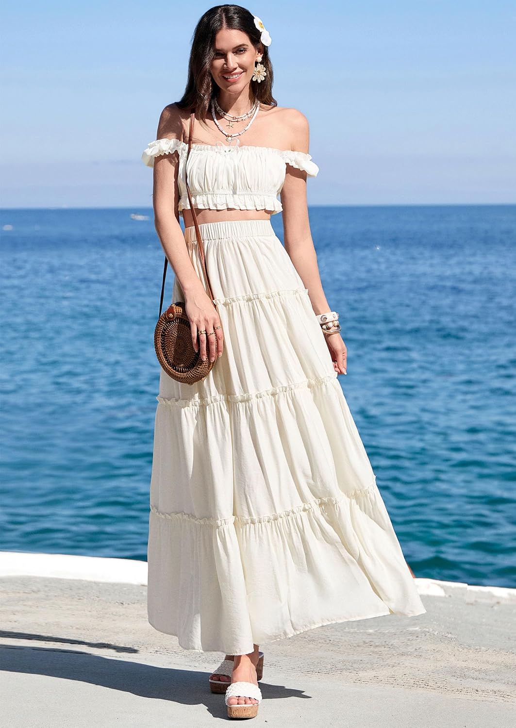 Thumbnail 1 de PRETTYGARDEN Boho Tiered Maxi Skirt for Women with Elastic Waistband & Side Pockets