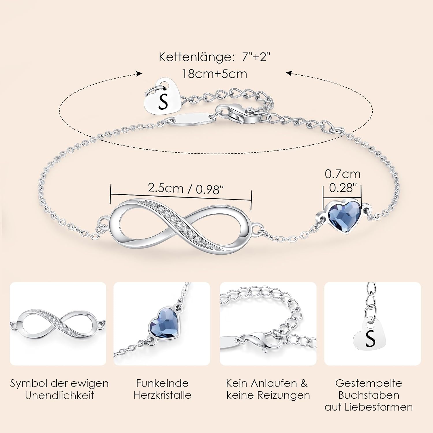 Detalle de LOUISA SECRET Bracciale Donna Argento 925 Infinito Cuore con Zirconi – Regalo romantico