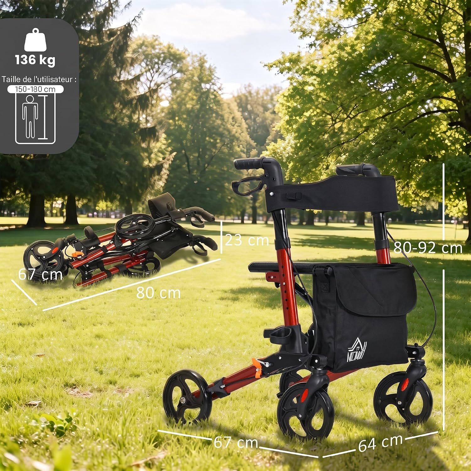 Detalle de HOMCOM 712-055V00RD rollator met zitje, 4 wielen en dubbele remmen