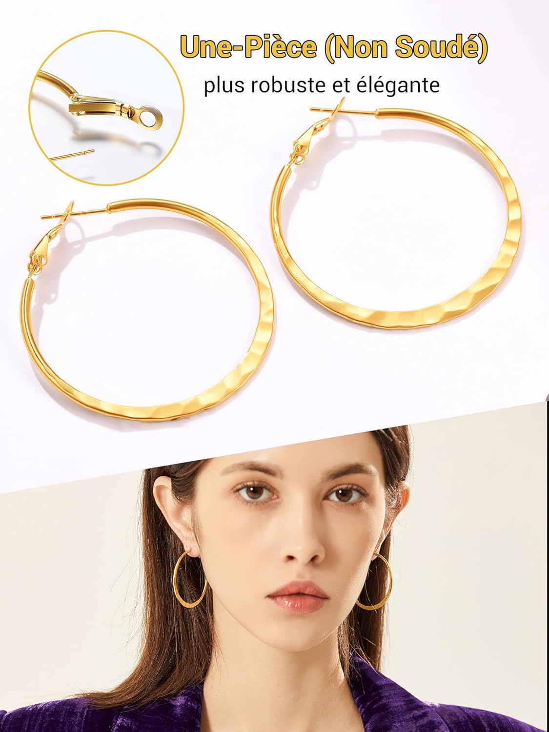 Thumbnail 3 de PROSTEEL Boucles d’oreilles créoles femme en acier inoxydable 316L (40 mm) – anneau plat, plaqué or jaune ou noir