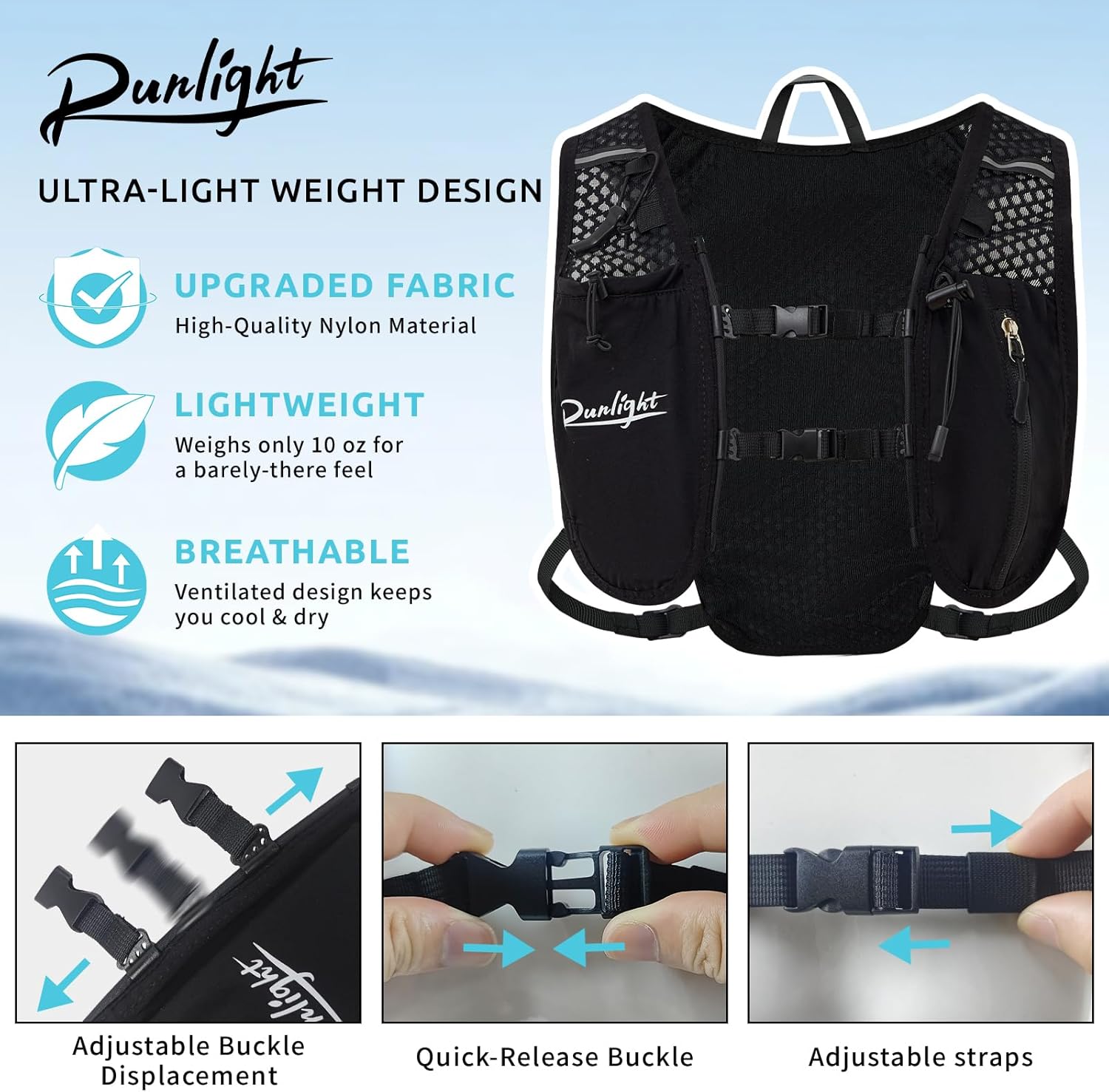 Thumbnail 2 de Running Vest Women Men Night Reflective Hydration Vest with 1500ml Soft Water Bottle