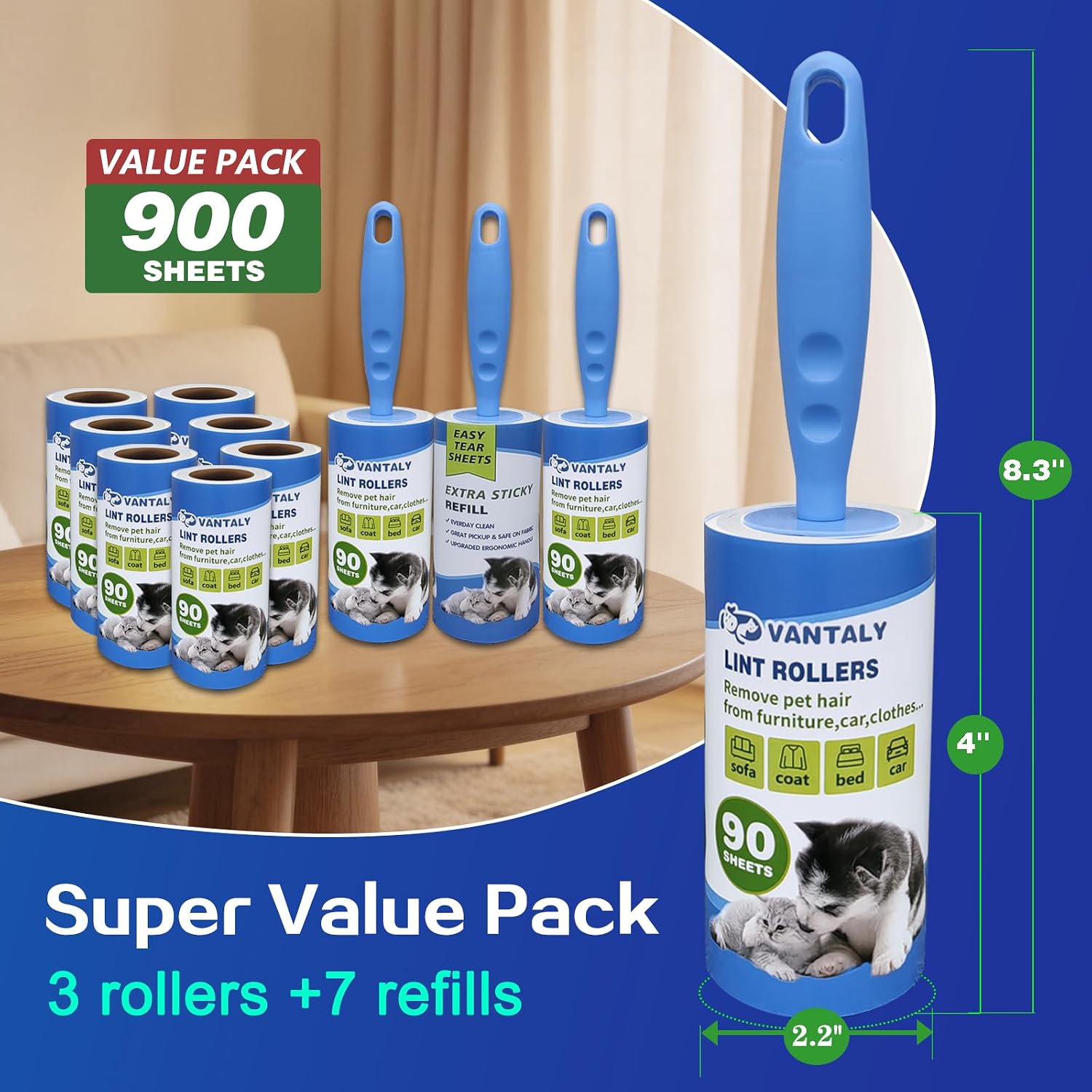 Detalle de vantaly Lint Roller Set, 900 Adhesive Sheets, 3 Handles and 7 Refills