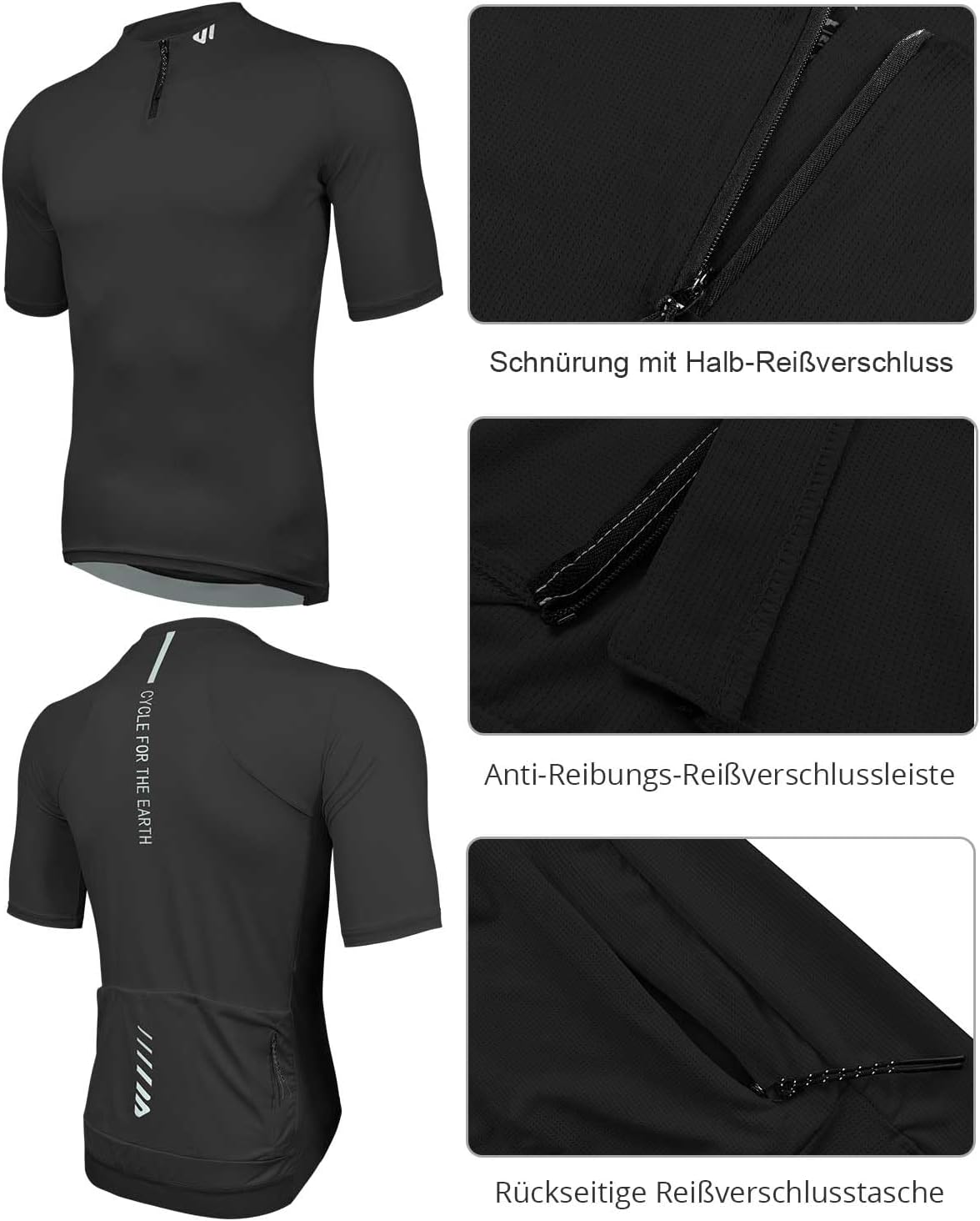 Detalle de Wulibike Rennrad Trikot Herren Kurzarm mit 3+1 Rückentaschen – Reißverschluss-Tasche und reflektierende Details
