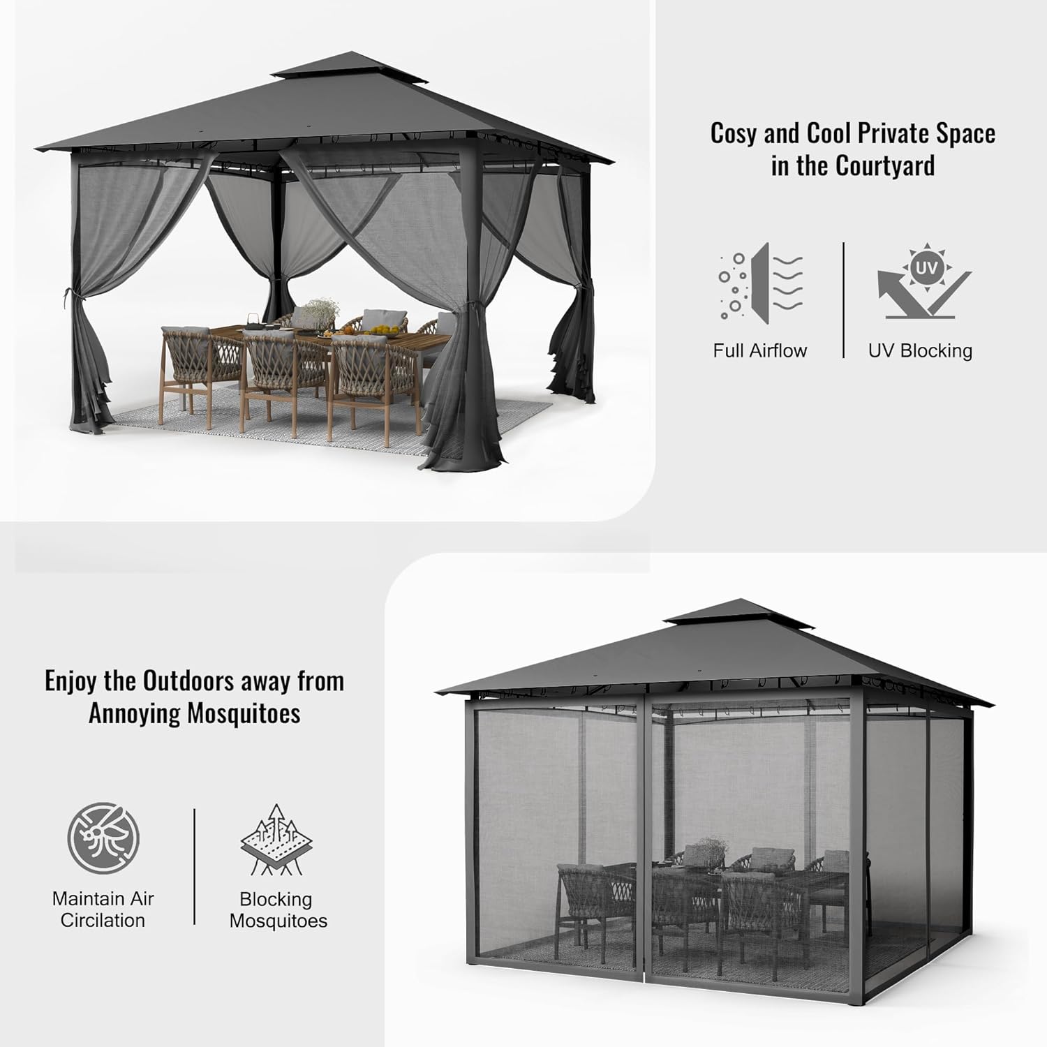 Thumbnail 1 de UDPATIO Tonnelle de jardin extérieure 2,8x2,8 m double toiture avec moustiquaire – gris