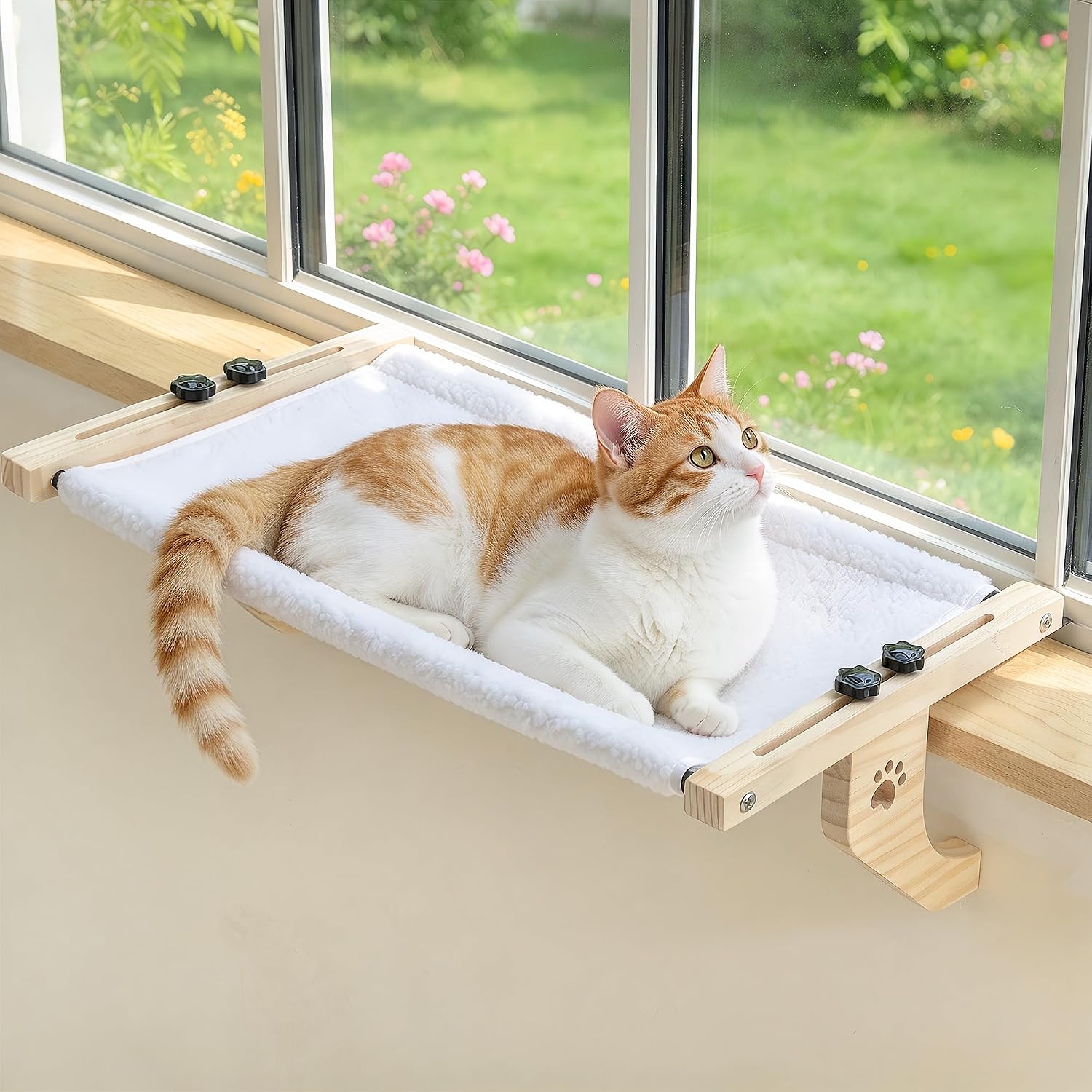 Detalle de AMOSIJOY SP110 Cat Windowsill Perch with Wood and Metal Frame, Washable Cover