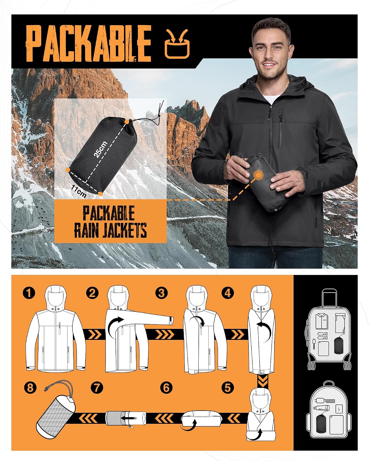 Detalle de 33,000ft Men's Packable Rain Jacket, 10,000mm Waterproof, Breathable Shell