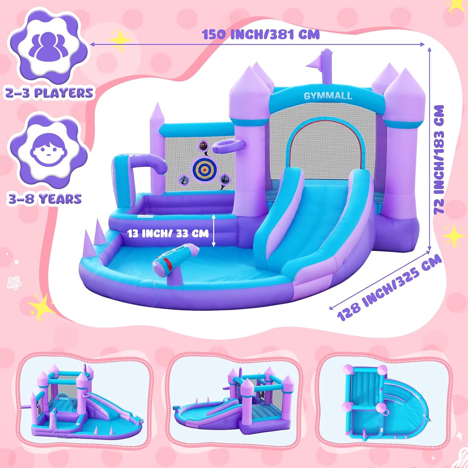 Thumbnail 4 de GYMMALL Water Bounce House with Slide (Kids 3–8) Purple Inflatable Castle with 480W Blower, Ball Pit & Water Play Set