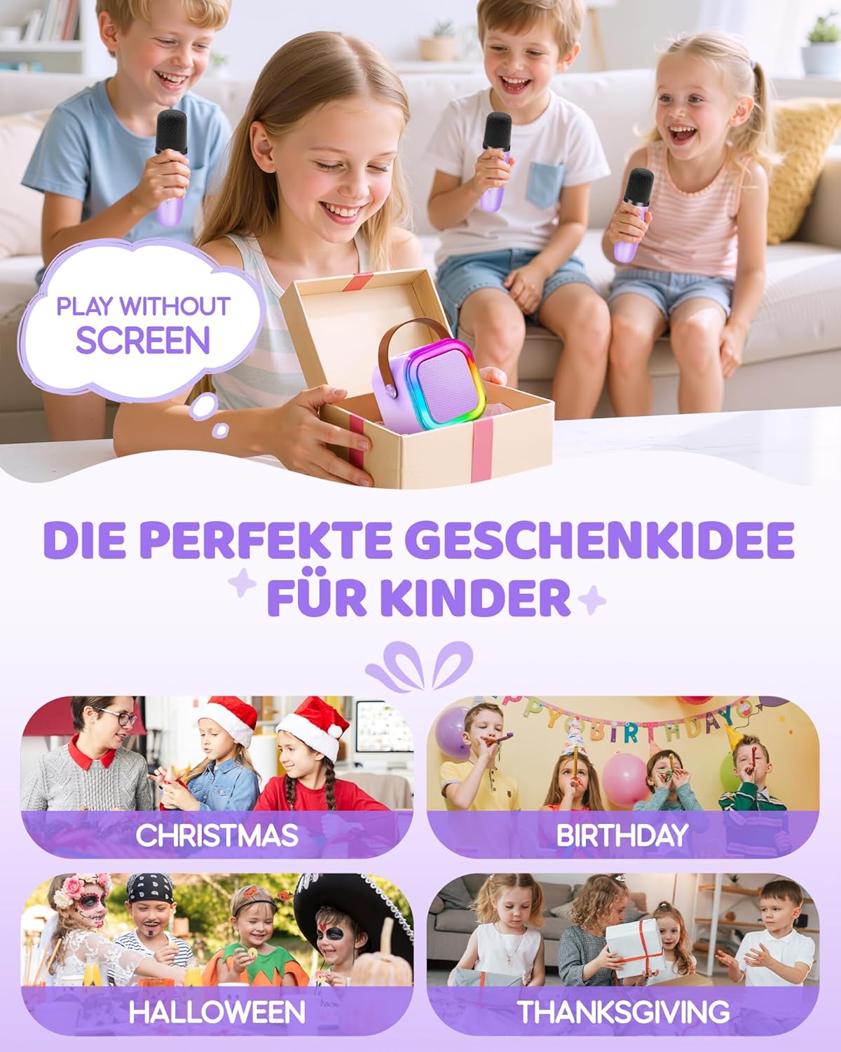 Detalle de Kinder-Karaoke Maschine (3–12 Jahre) mit 2 Mikrofonen – violett, Bluetooth & TF-Karte