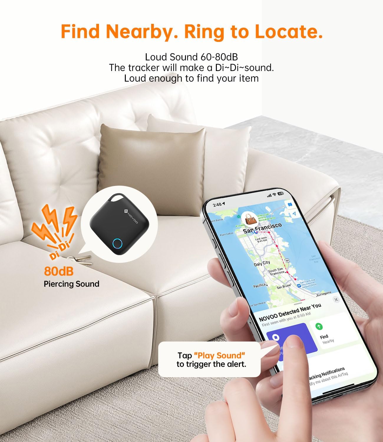 Detalle 2 de NOVOO Smart Tag for Apple Find My (iOS Only) – 4 Pack with Loud 80dB Alarm & Replaceable Battery