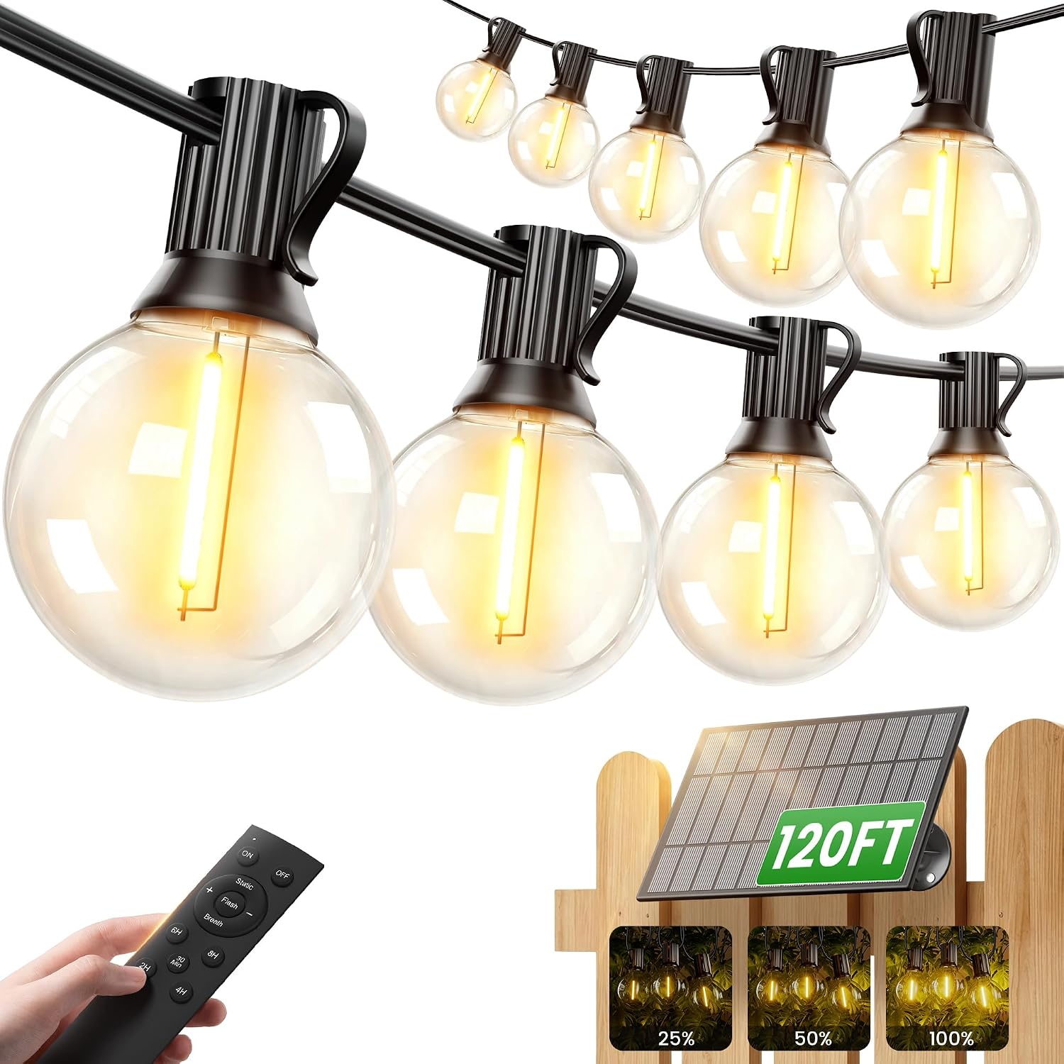 Detalle de OHLUX GLS-18J2P-G40-50 Solar String Lights, 120 ft, Warm White G40 LEDs