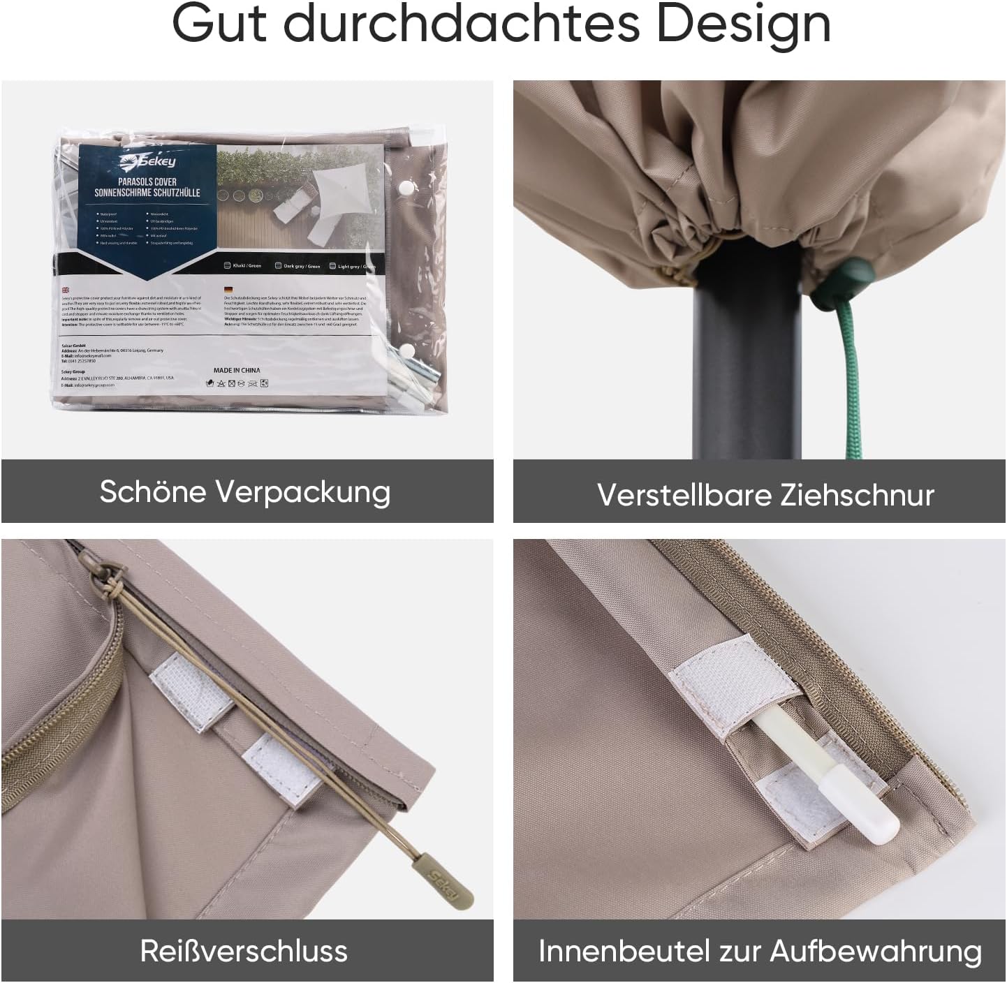 Thumbnail 6 de Sekey Sonnenschirm Schutzhülle mit Stab – wasserdichte Abdeckung für Ø 200 cm Gartenschirm, Khaki