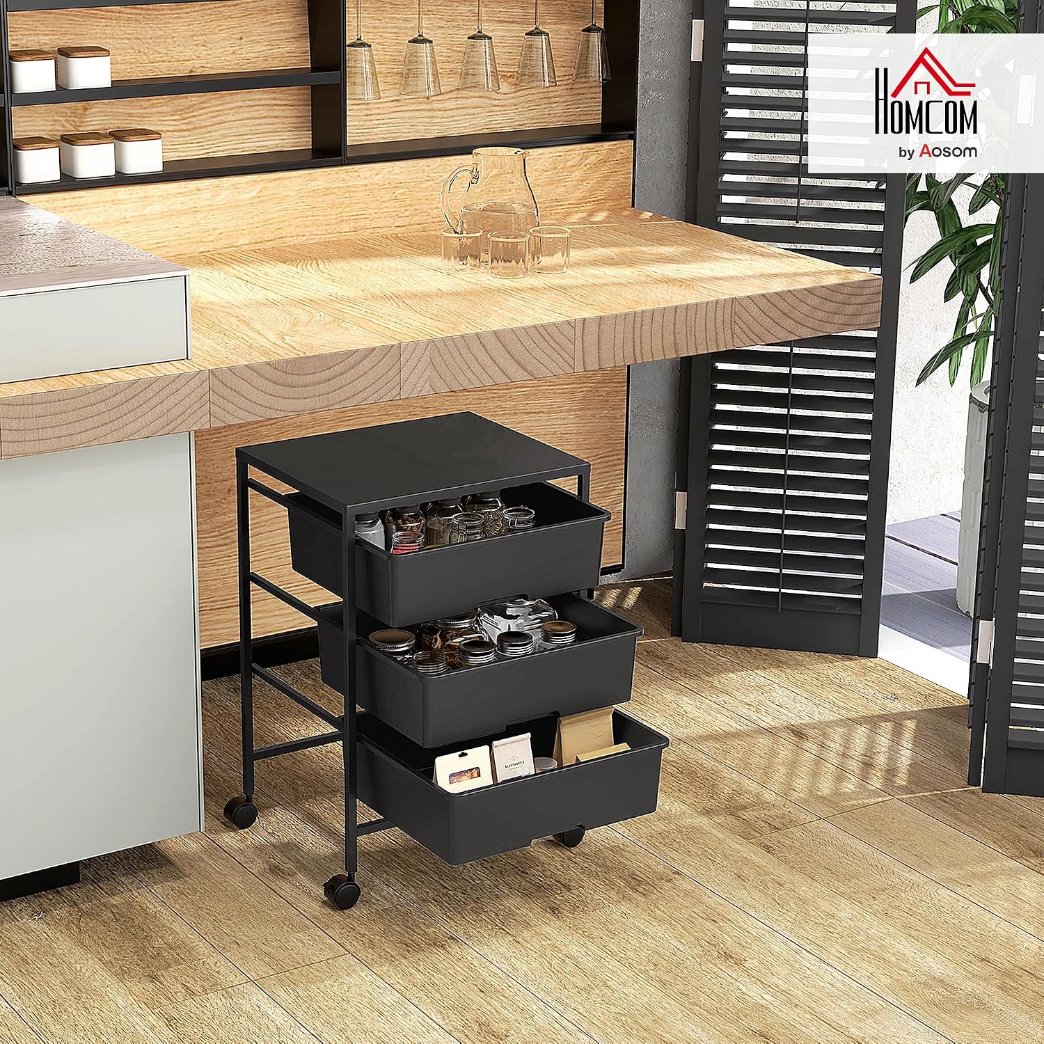 Detalle 2 de HOMCOM 850-289V00BK opbergwagen met 3 manden, stalen frame en wielen