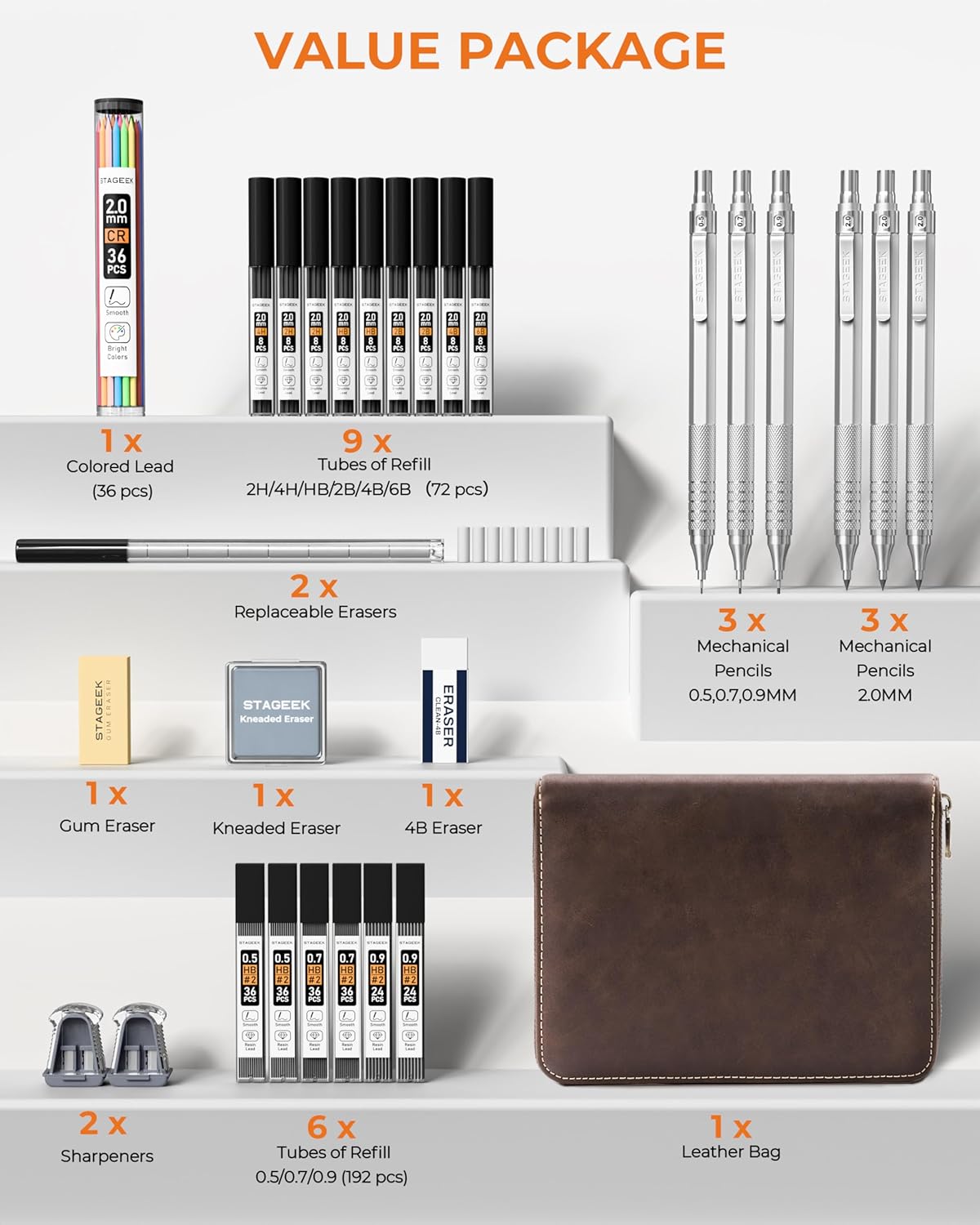 Thumbnail 5 de STAGEEK 6-Stück Druckbleistift-Set mit Ledertasche – Metallgehäuse, 0,5/0,7/0,9/2,0 mm, 16 Minenröhrchen, Farbnachfüllungen