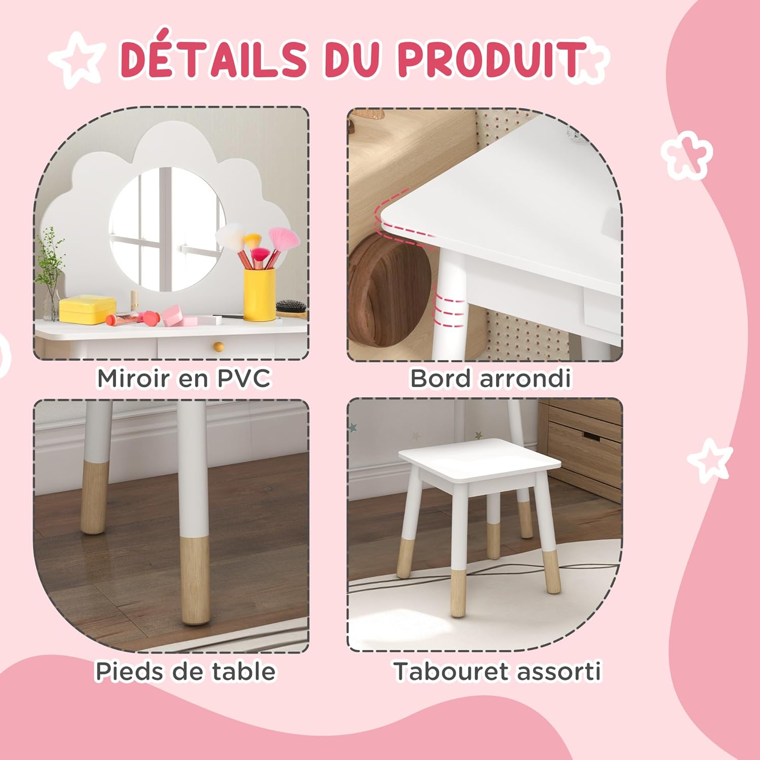 Thumbnail 4 de AIYAPLAY Ensemble coiffeuse enfant 2 pièces avec tabouret et miroir nuage (blanc) pour 3 à 6 ans