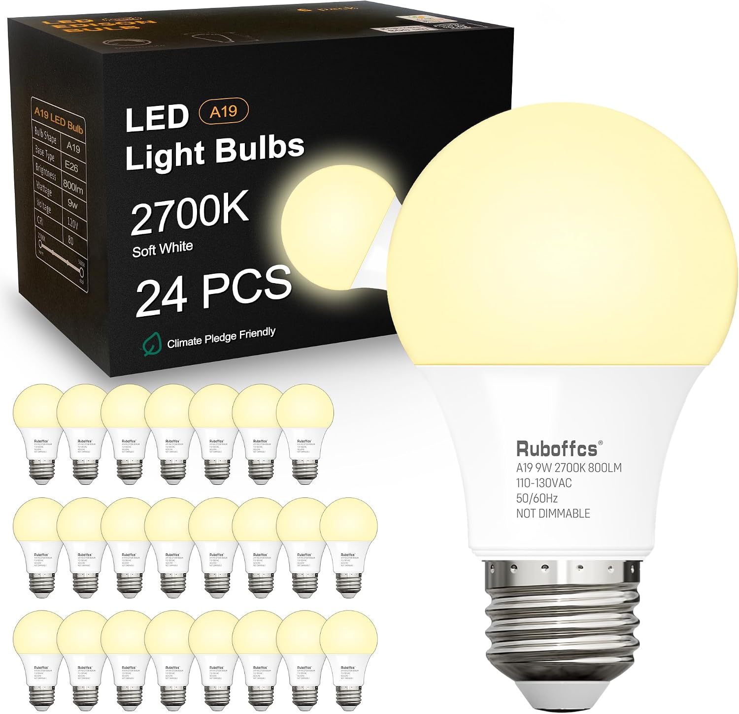 Detalle de Ruboffcs R-A19-9W A19 LED Bulbs, 24-Pack, 2700K Soft White, 800 Lumens