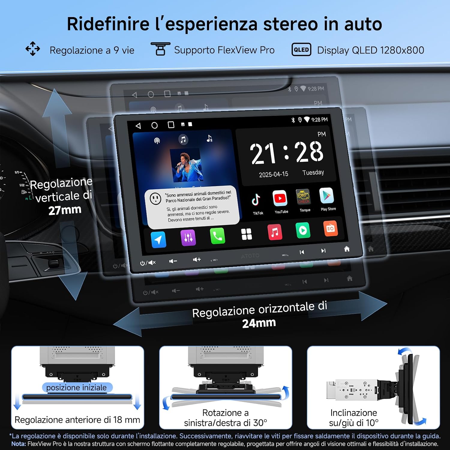 Detalle 2 de ATOTOZONE A5L autoradio Android con schermo FlexView Pro QLED da 10,1" e CarPlay/Android Auto wireless
