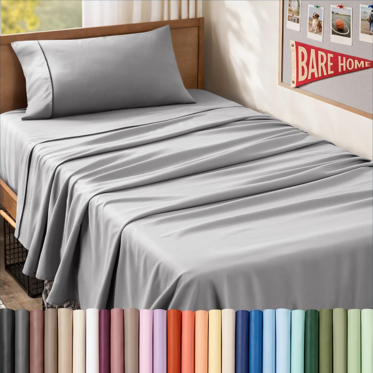 Detalle de Bare Home 1800 Ultra-Soft Twin XL Sheet Set, Microfiber, Light Gray, Deep Pockets