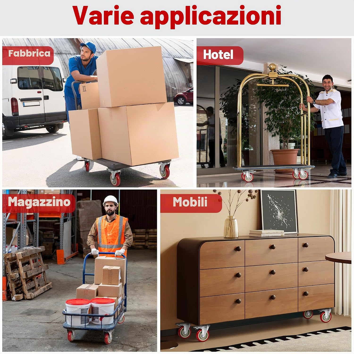 Thumbnail 6 de Set 4 Ruote per Carrello Carichi Pesanti con Freno 100 mm – Gomma Piena Silenziosa, 600 kg