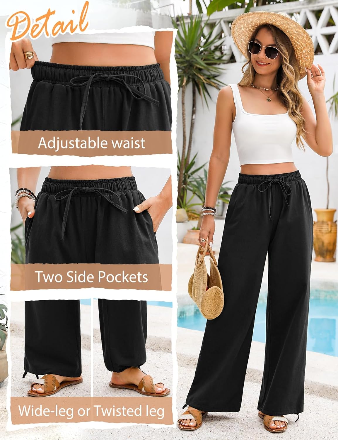 Thumbnail 2 de Niwicee Pantaloni donna estivi in cotone 100% con coulisse e tasche, palazzo larghi leggeri