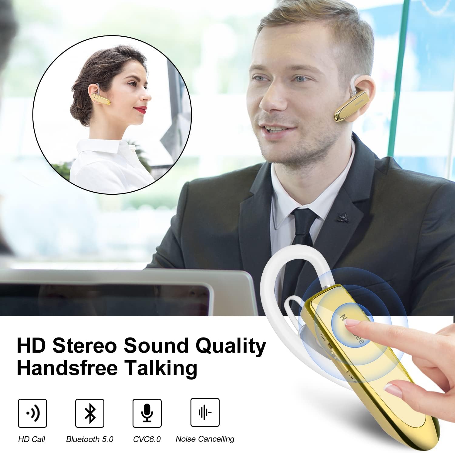 Detalle 2 de New Bee Bluetooth Earpiece Handsfree Headset (Clear Voice, CVC 6.0, 24hrs talk) with clip & case