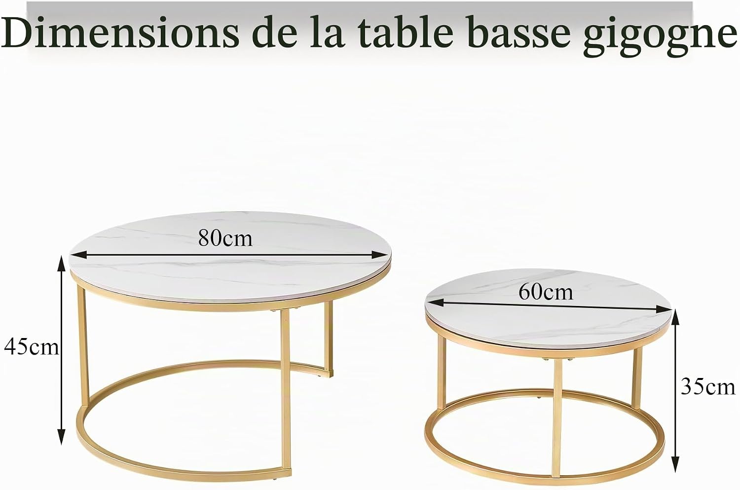 Detalle 2 de BenyLed BEY-YBCJ-80 set van 2 ronde salontafels, keramiek, wit/goud