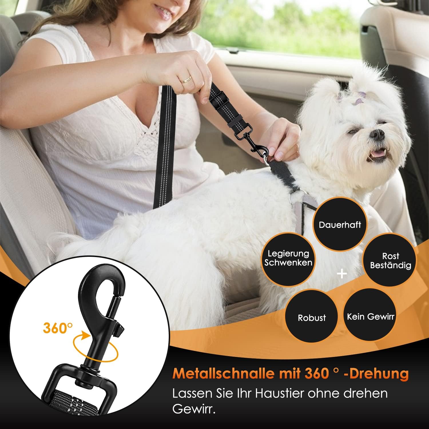 Detalle 2 de Eyein Hunde-Sicherheitsgurt für Auto (3-in-1), verstellbar mit elastischer Ruckdämpfung, reflektierend, 70 cm – Schwarz