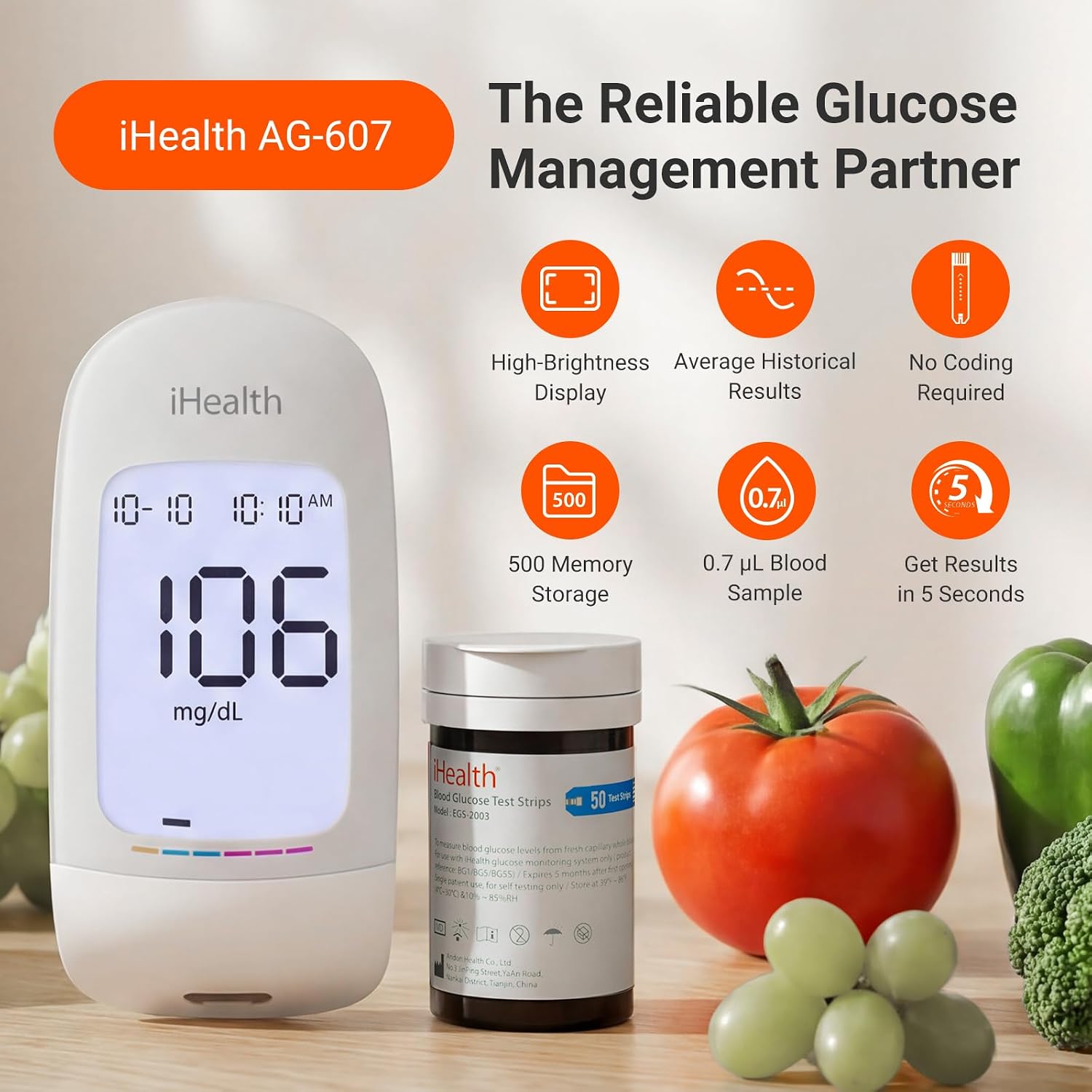 Detalle de iHealth Acacia AG-607 Blood Glucose Monitor Kit with 100 Strips and Lancets