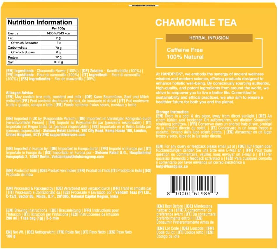 Detalle de HANDPICK Tisane de Camomille – 100 Sachets Écoresponsables, Sans Caféine & 100% Fleurs de Camomille Pur