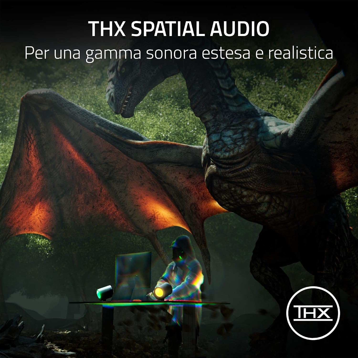 Detalle de Razer Nommo V2 altoparlanti gaming 2.1 con subwoofer wireless, THX Spatial Audio e Razer Chroma RGB