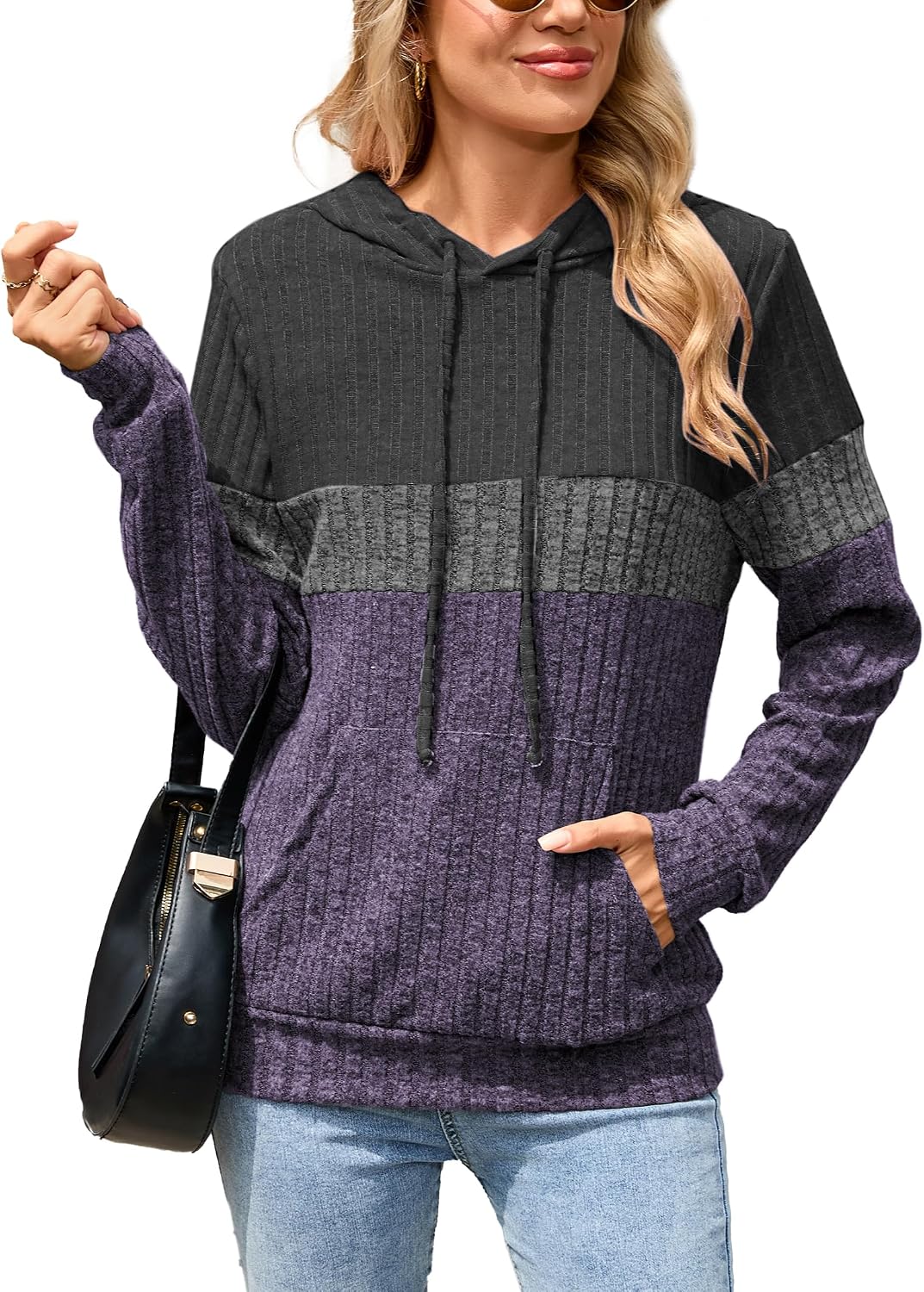 Thumbnail 6 de Famulily Knit Hoodie for Women UK – Colour Block Ribbed Jumper with Pocket