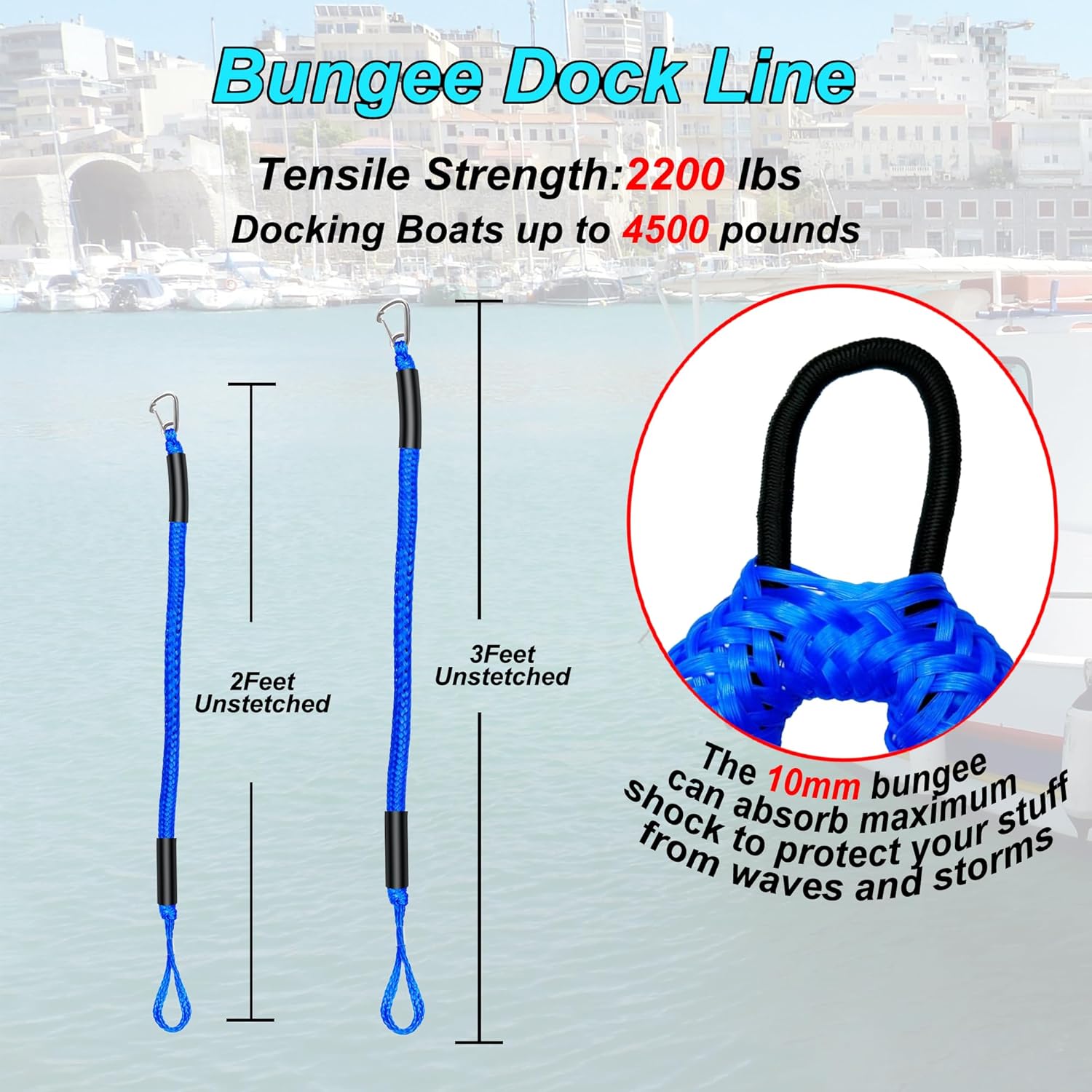 Detalle de Festmacher mit 91 cm Bungee-Dockleine, 2 Stück – zuverlässiges Dockseil-Set mit integriertem Snubber