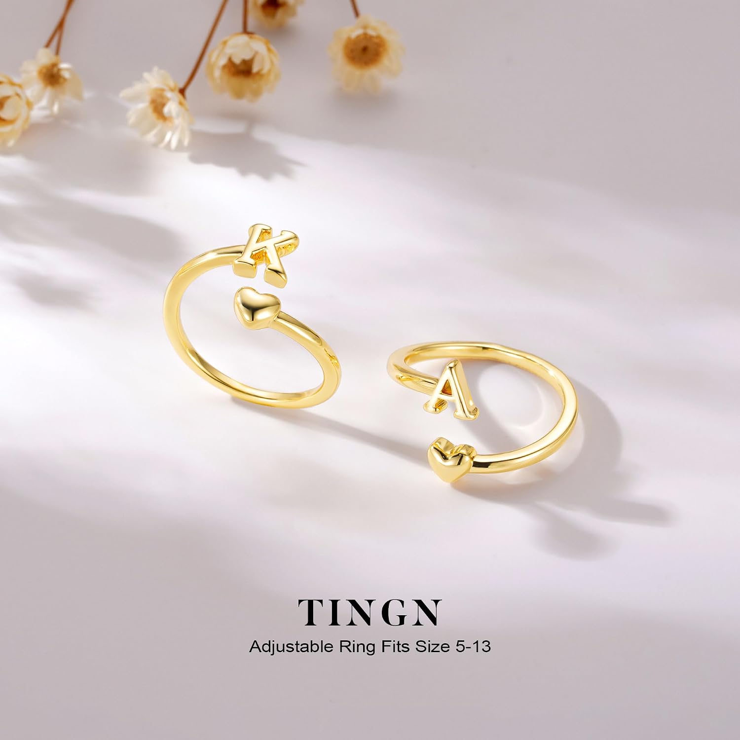Thumbnail 6 de Anello TINGN con cuore e iniziali, oro 14K placcato, impermeabile, regolabile – regalo elegante per donna e ragazza