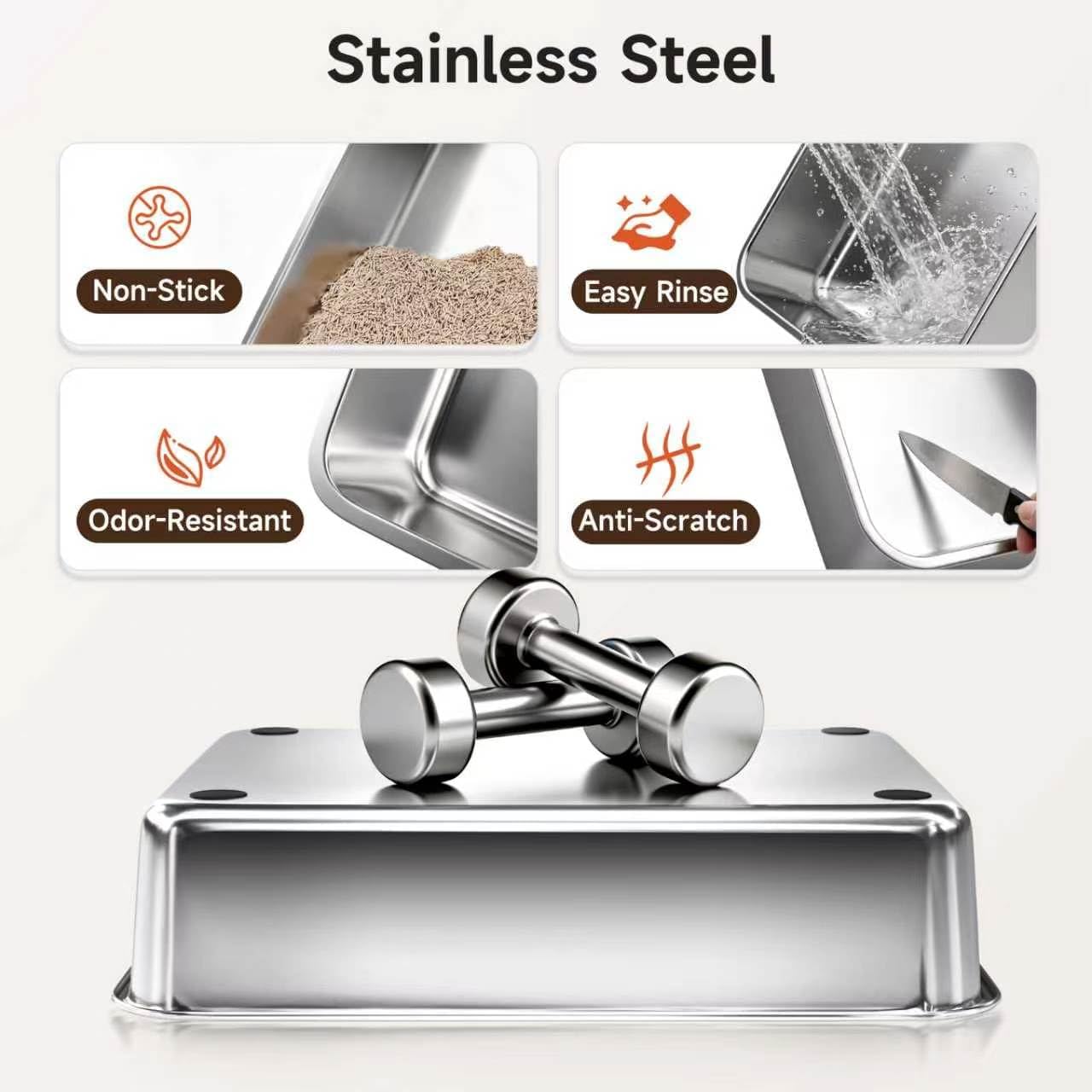 Detalle de OneBug MSP-XC-W607-Grey XXL Stainless Steel Cat Litter Box with High Guard