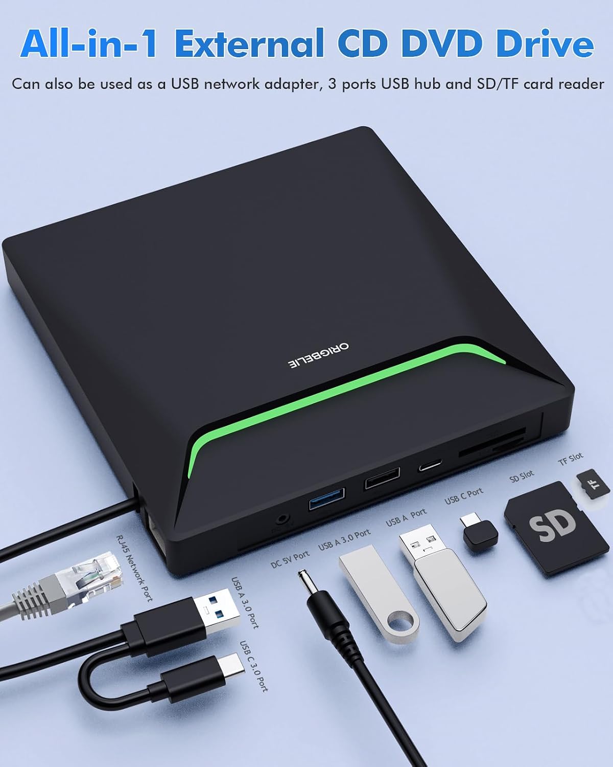 Thumbnail 2 de ORIGBELIE Neuestes Externes DVD-Laufwerk (USB 3.0) mit RJ45-Ethernet-Adapter und Kartenanschlüssen
