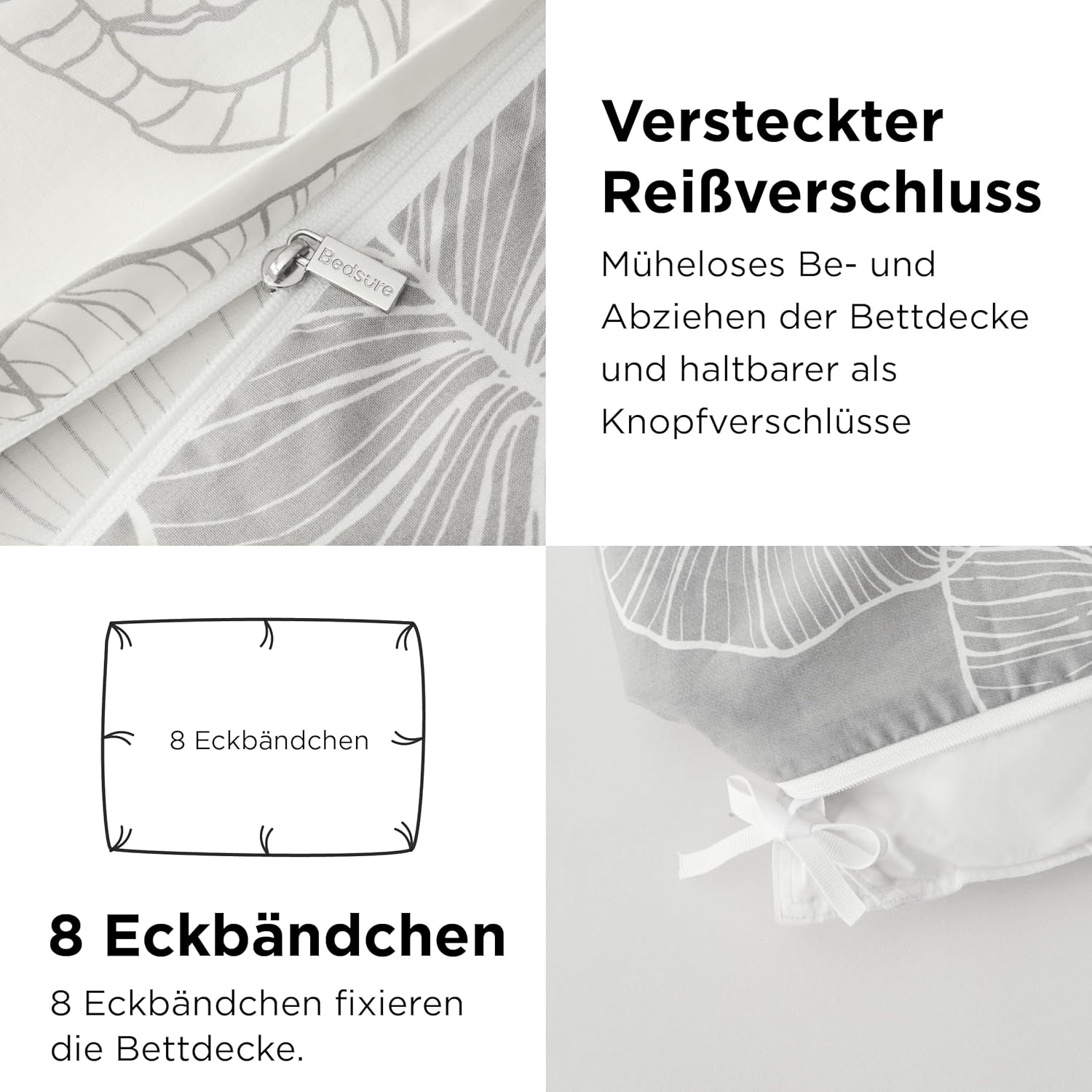 Thumbnail 5 de BEDSURE Bettwäsche 155x220 aus Baumwolle (3-teilig) mit Reißverschluss – Grau, Öko‑Tex, Ginkgo-Muster