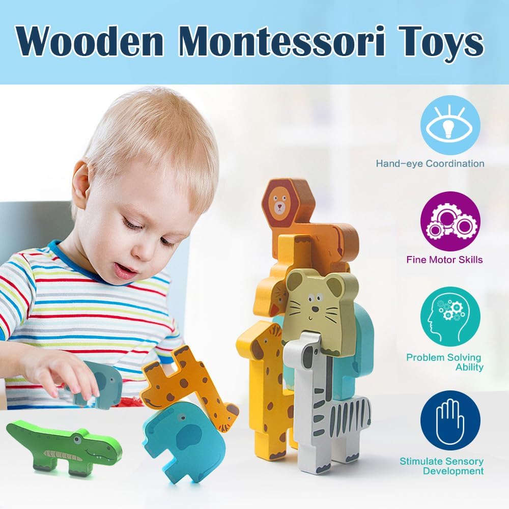 Thumbnail 1 de NINGSTEL Montessori animal wooden stacking blocks set (18+ months) with challenge cards & storage bag