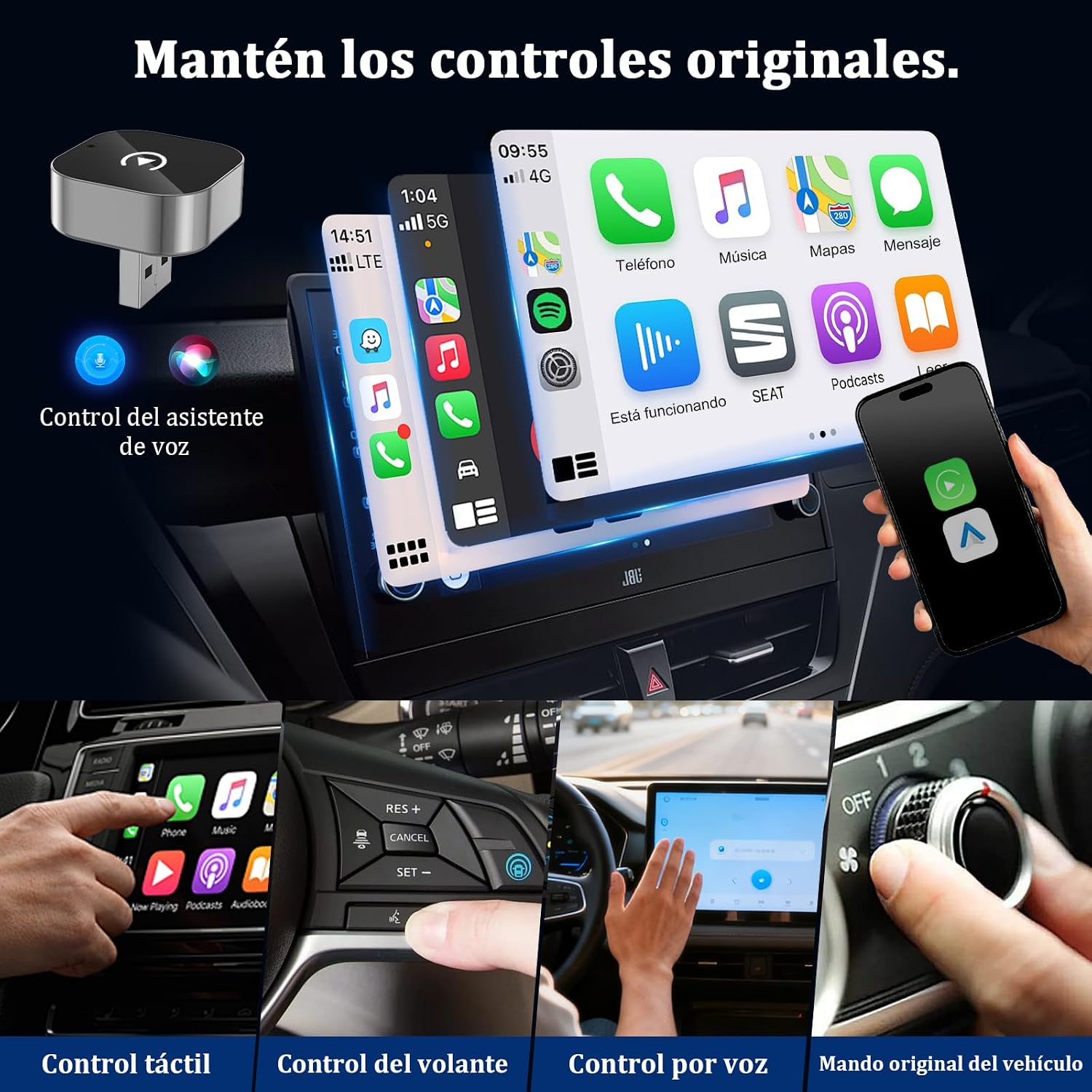 Detalle 2 de BSTOEM Adaptador inalámbrico 2 en 1 para CarPlay/Android Auto (Tipo-C/USB-A)