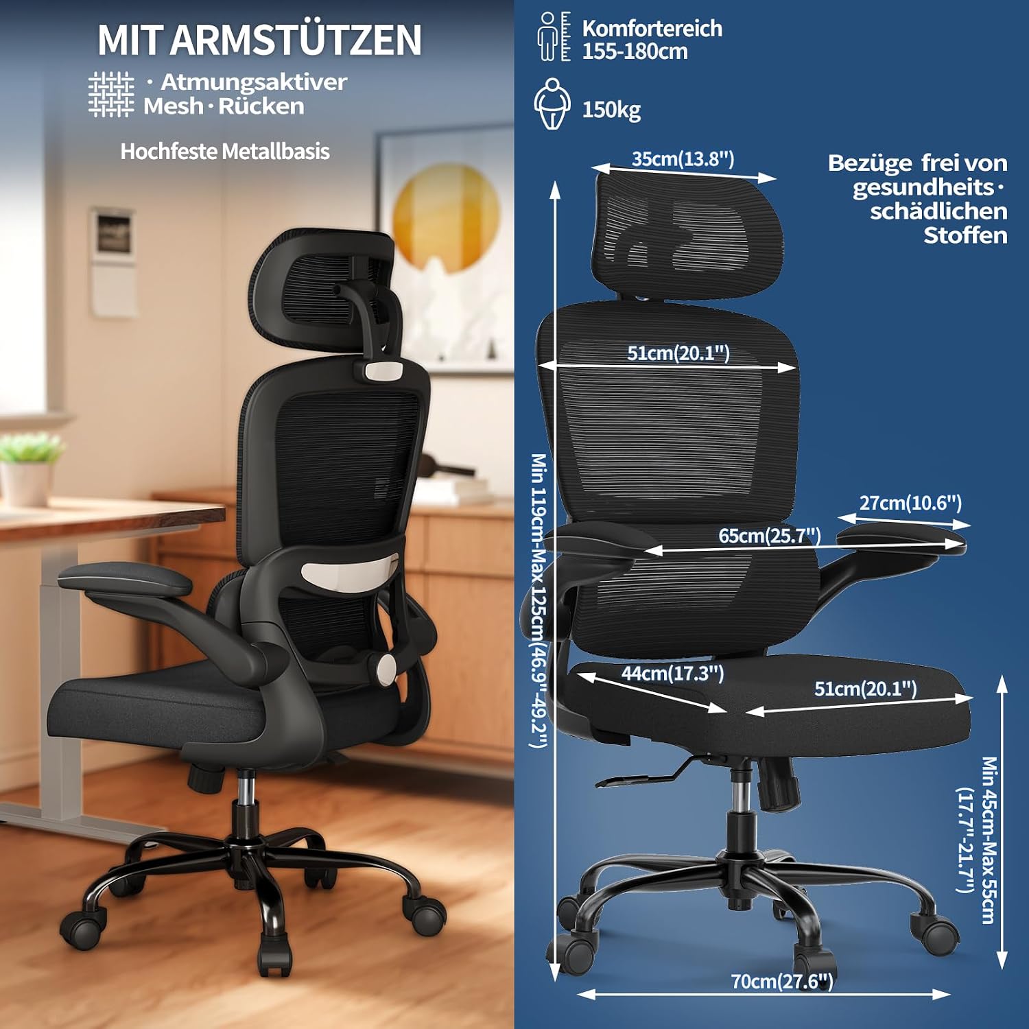 Thumbnail 5 de TRALT Bürostuhl Ergonomie Lordosenstütze 150 kg