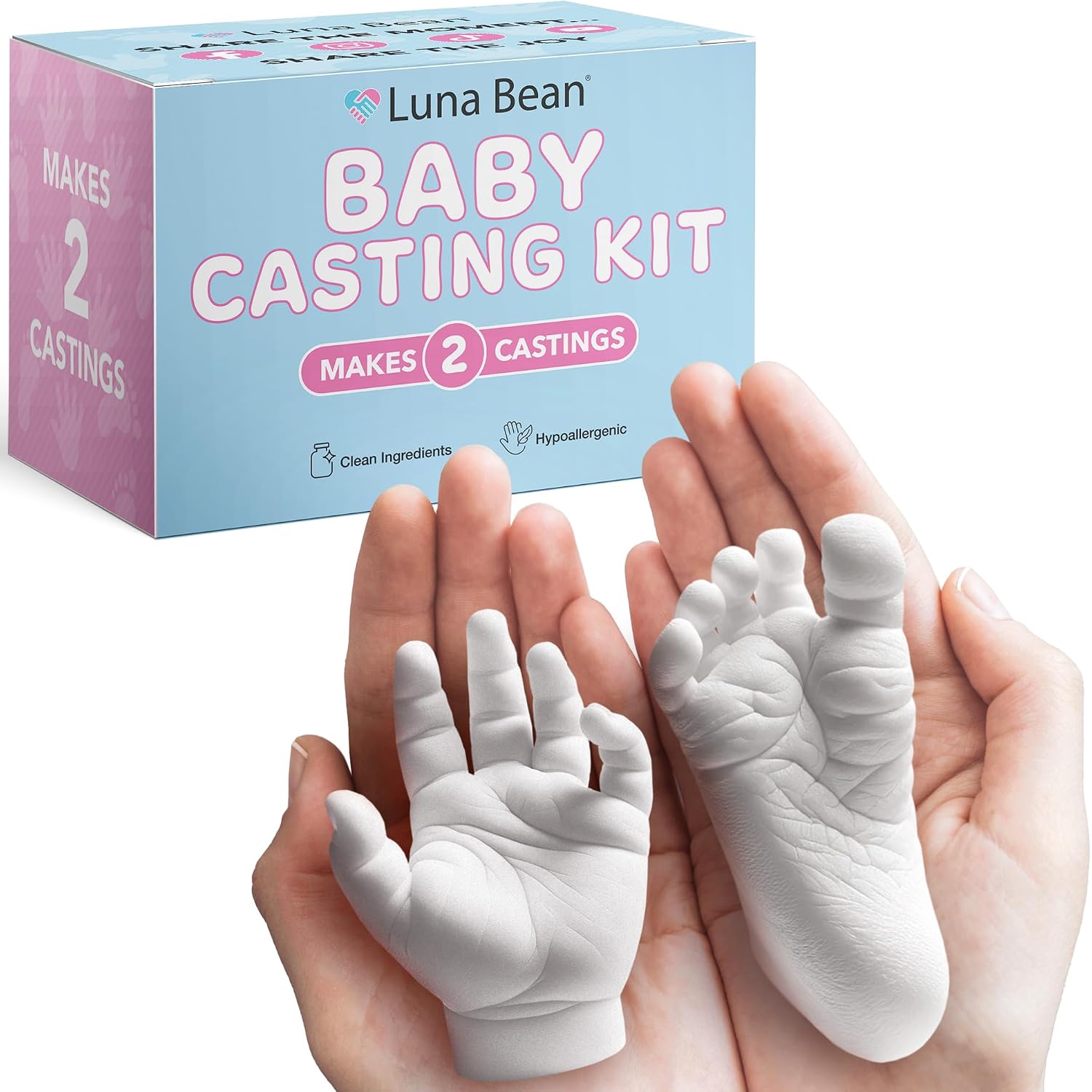 Detalle de Luna Bean ベビーキャスティングキット 手形・足形用モールド各1個入り、パール・ゴールド塗料付き