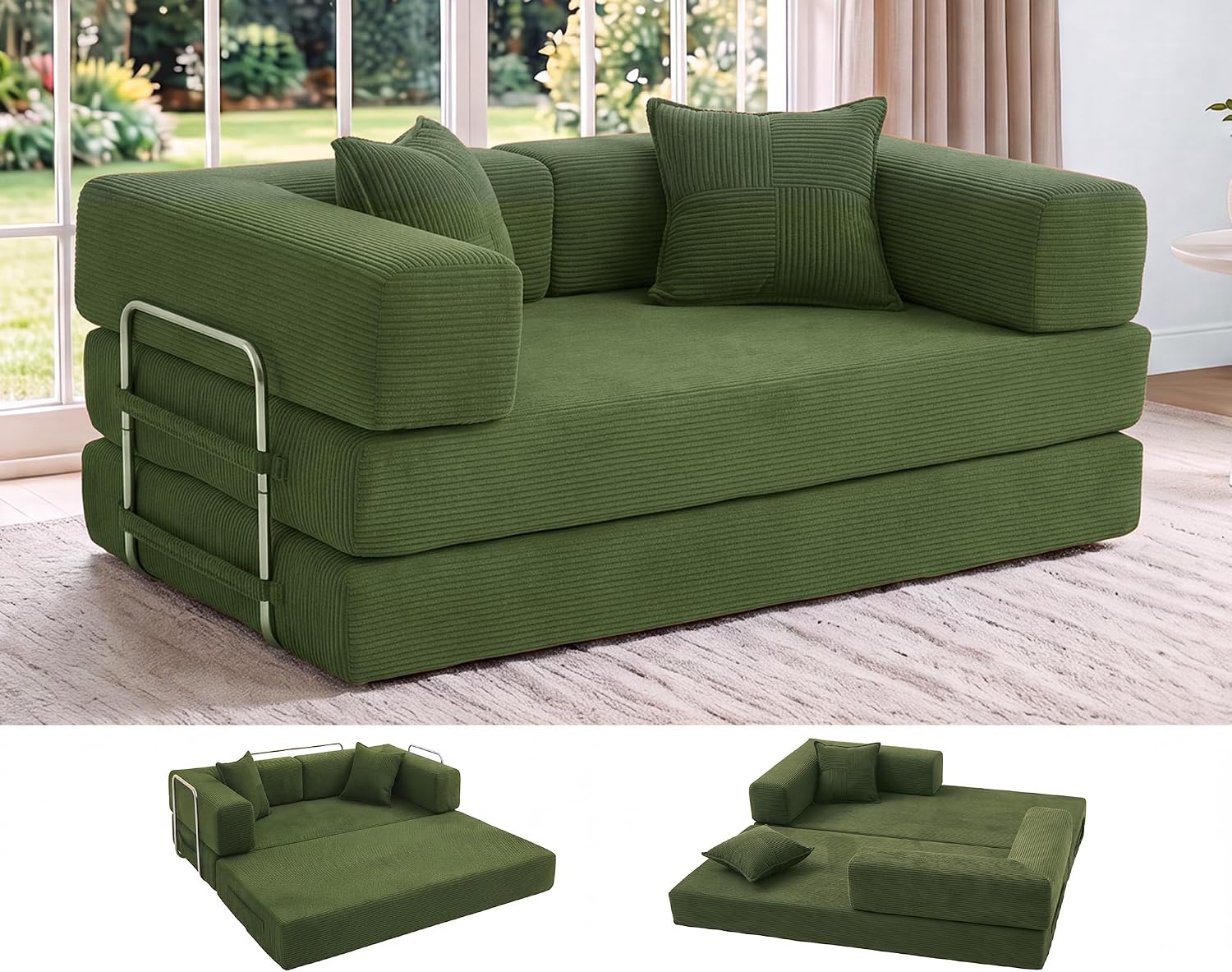 Detalle de Dyonery CA-S61-CO-GN 5-in-1 Convertible Corduroy Sleeper Sofa, Green