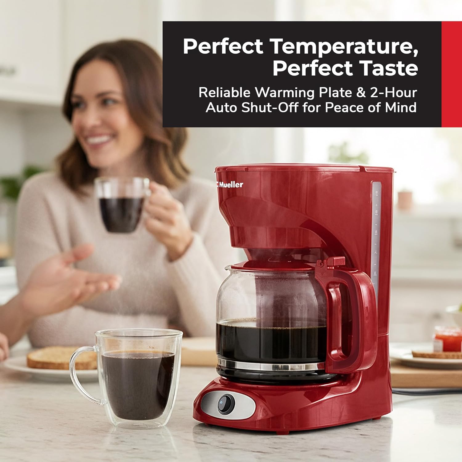 Detalle de MUELLER HOME 12-Cup Red Coffee Maker: Large-Batch Brew, Reusable Filter, and Keep-Warm