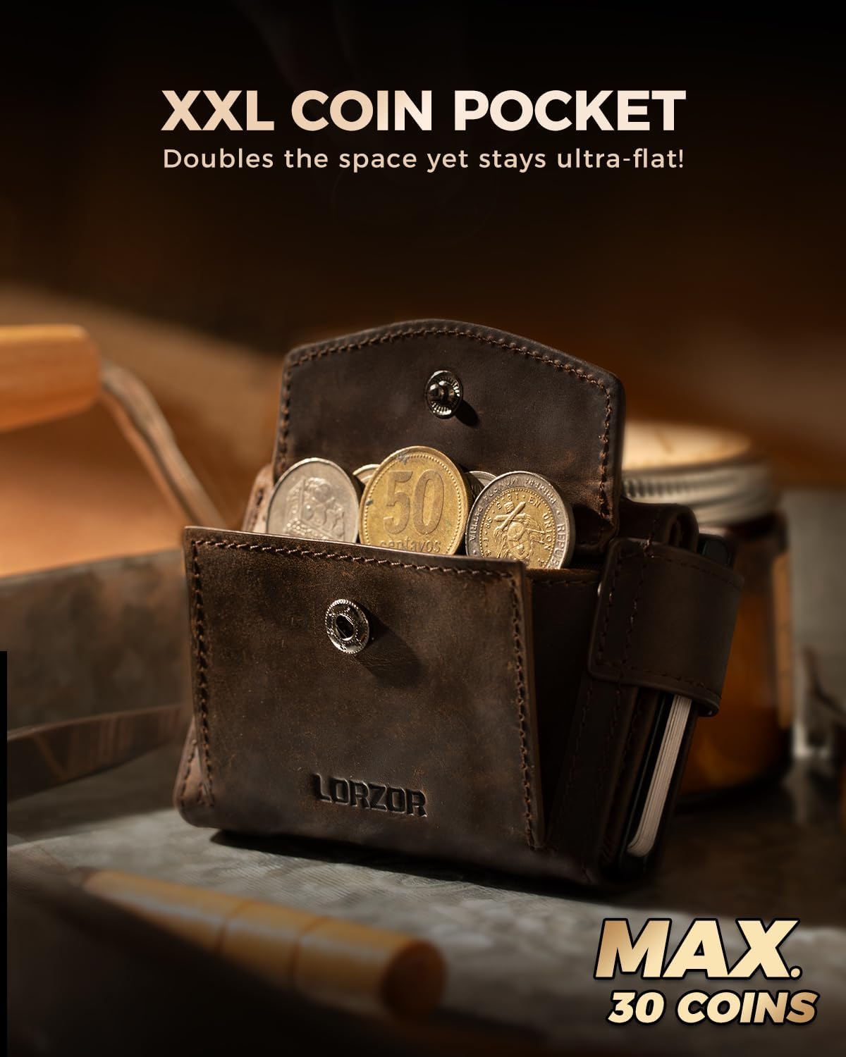 Thumbnail 1 de LORZOR Card Holder Magnetic Closure with XXL Coin Pocket – Slim Leather RFID Wallet