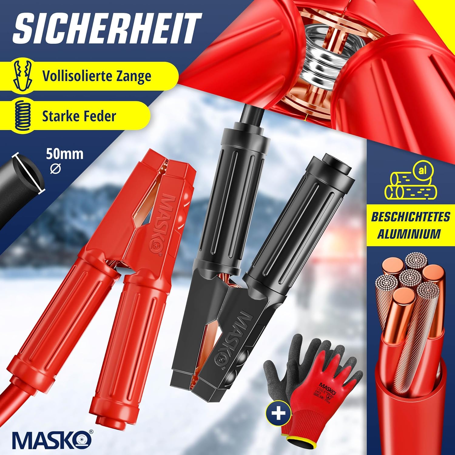 Detalle de MASKO® Starthilfekabel Überbrückungskabel für Benzin- und Dieselmotoren 12/24 Volt – Starterkabel mit 4 vollisolierten Polzangen