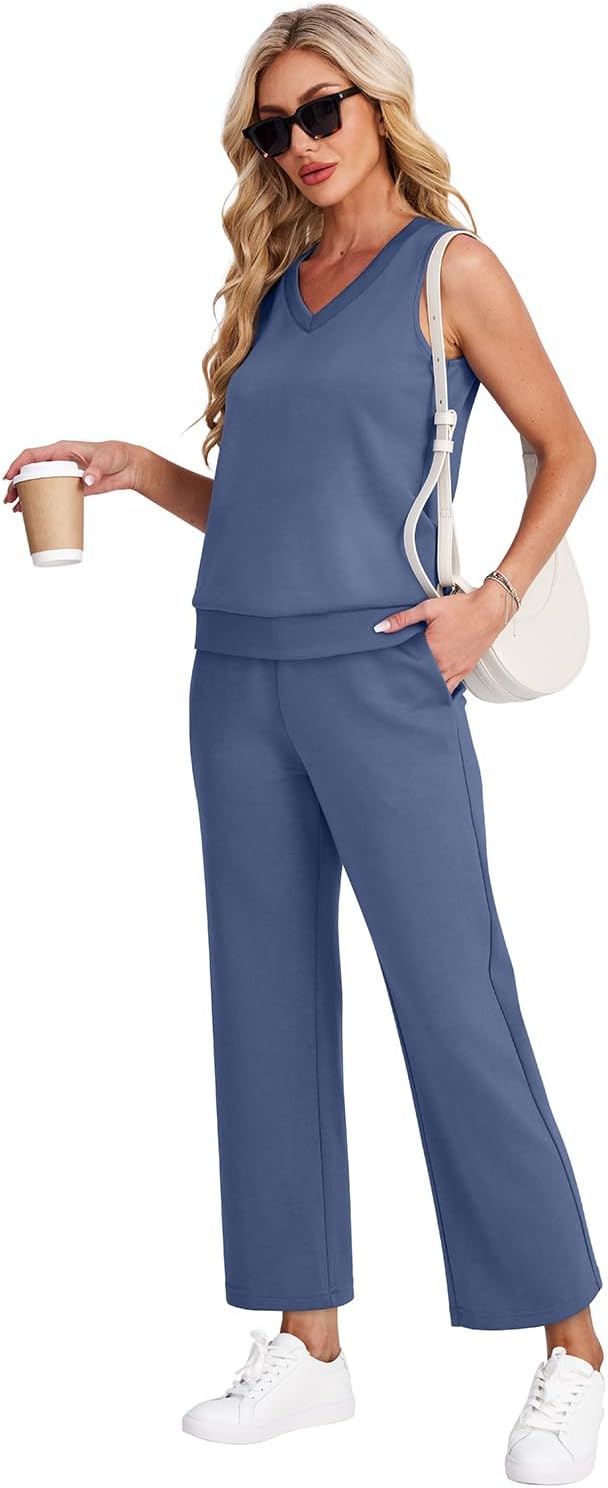 Detalle 2 de WIHOLL Two Piece Set for Women: Summer Lounge Set with V Neck Top and Wide-Leg Cropped Pants