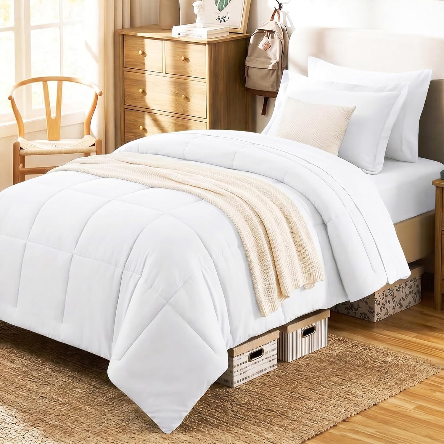 CozyLux Twin XL Comforter Set White – 5-Piece All-Season Bedding in a Bag